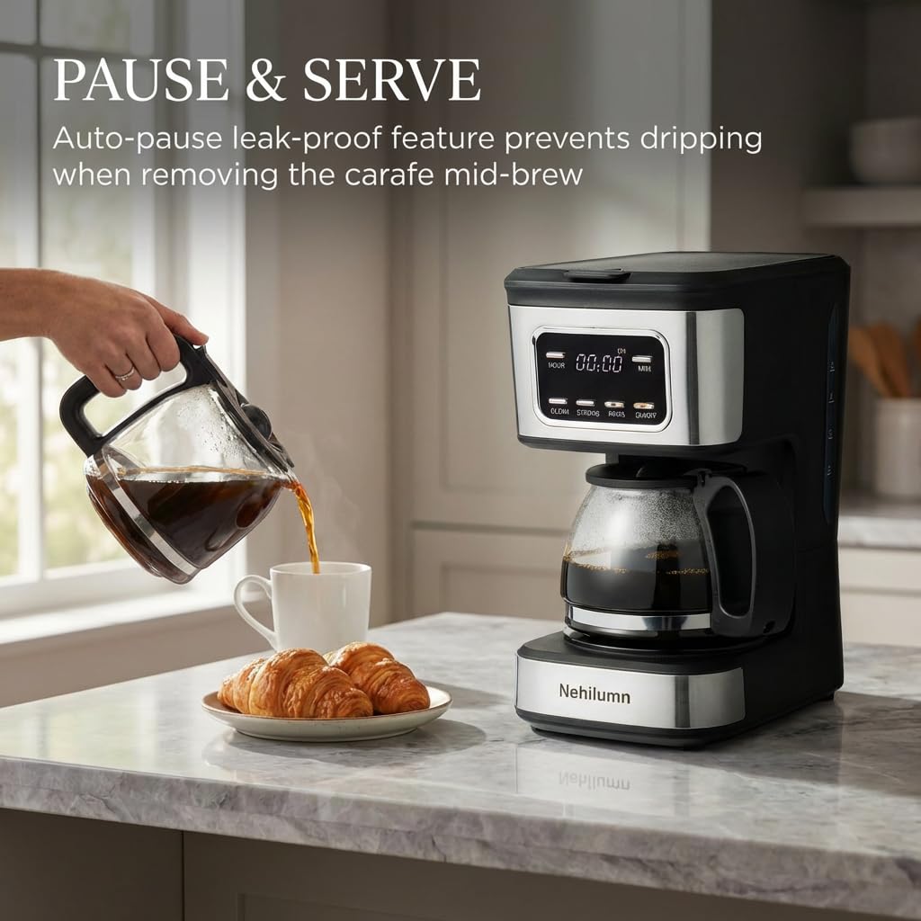 Nehilumn 5-Cup Programmable Coffee Maker - Reusable Filter, Clear Water Level Indicator, Auto Shut- Off, Black &Stainless Steel Coffee Pot
