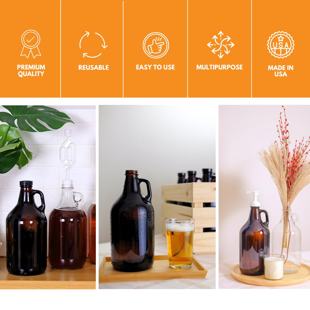 FastRack 1/2 Gallon Amber Growlers (Case of 6), 64oz, Brown with 6 Polyseal Caps
