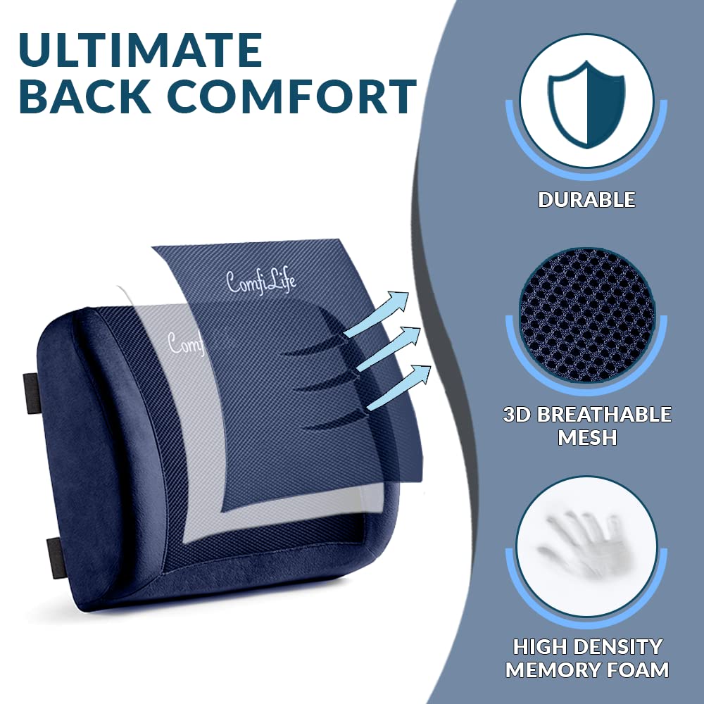 ComfiLife Lumbar Support Back Pillow Office Chair and Car Seat Cushion - Memory Foam with Adjustable Strap and Breathable 3D Mesh (Navy)