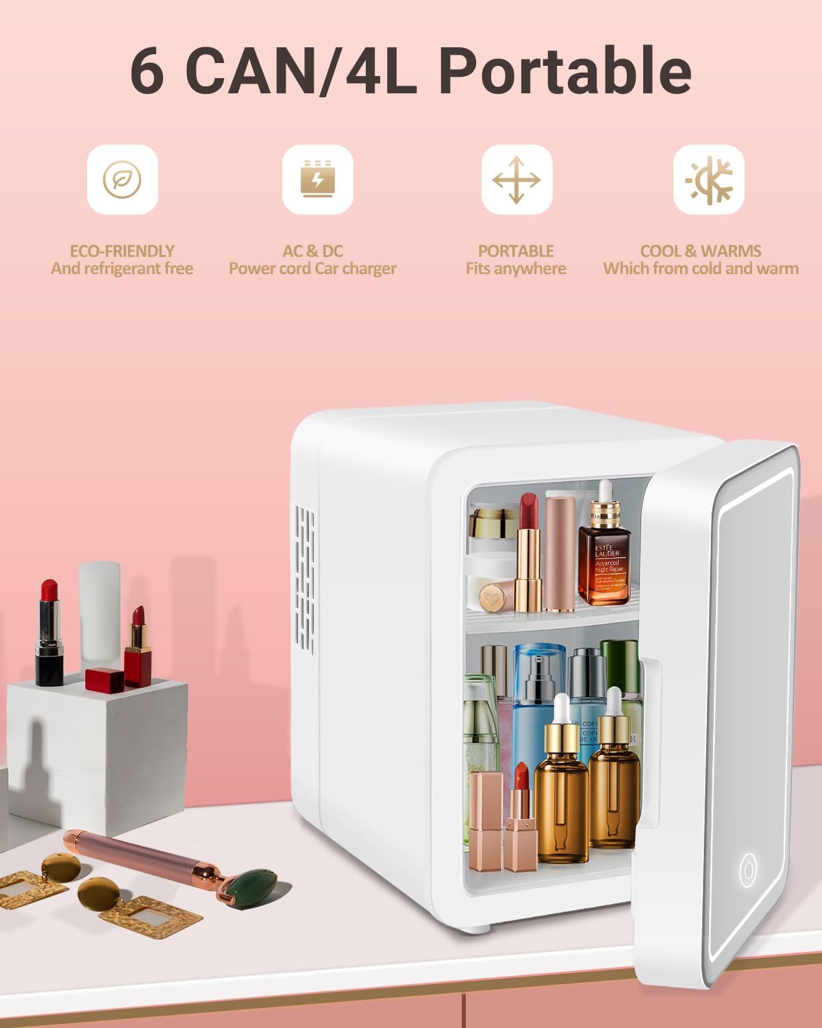 NISHCON Portable Mini Fridge for Skincare Beauty Cosmetic Makeup, 4-Liter Thermoelectric Cooling and Warming Skin Care Refrigerator With Mirrored Door and Dimmable LED Light, White