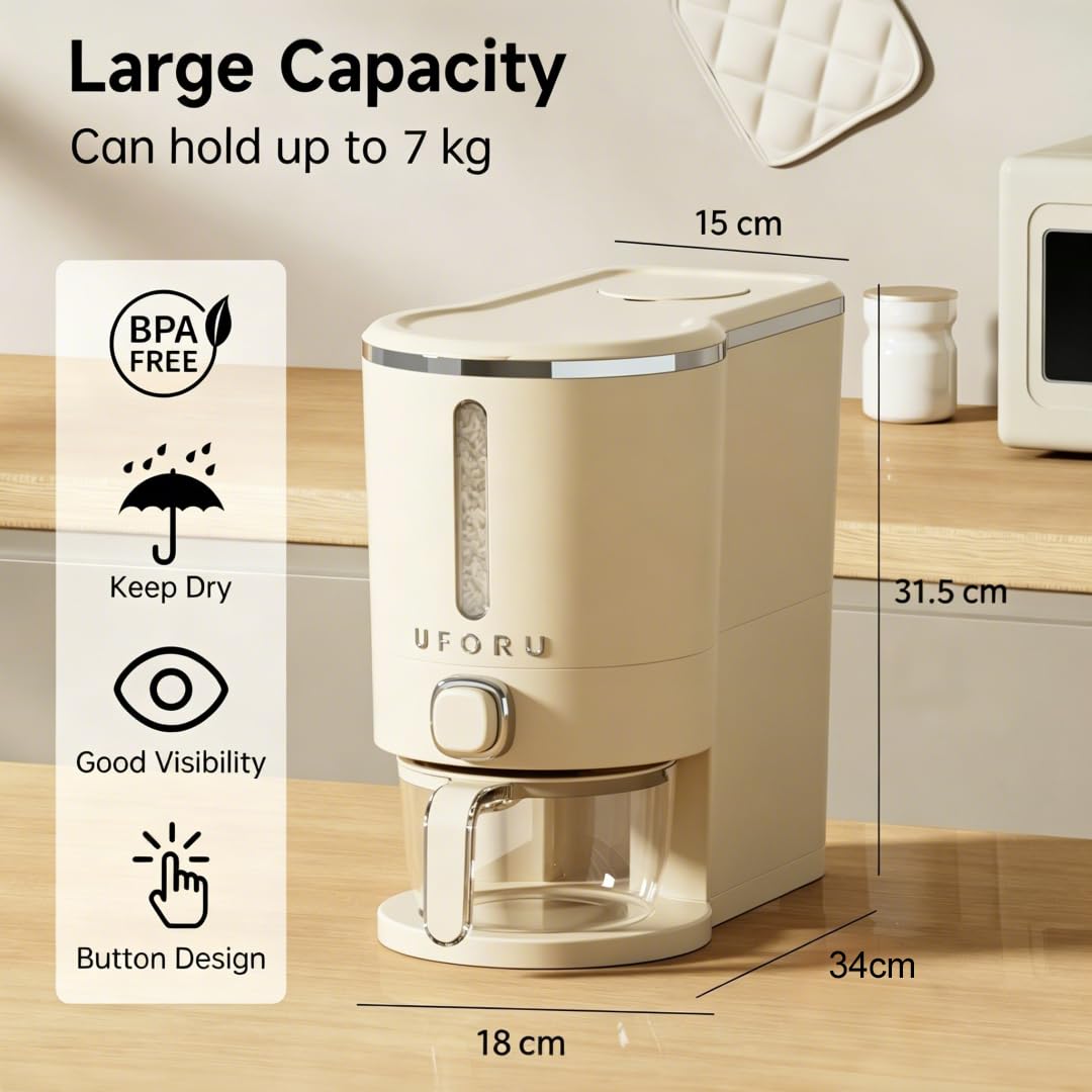 UFORU Rice Dispenser, Rice Storage Container with Measuring Cup for Kitchen Pantry Household, Dry Food Storage Containers Airtight, Sealed Moisture Proof, Cream White 11 Lbs