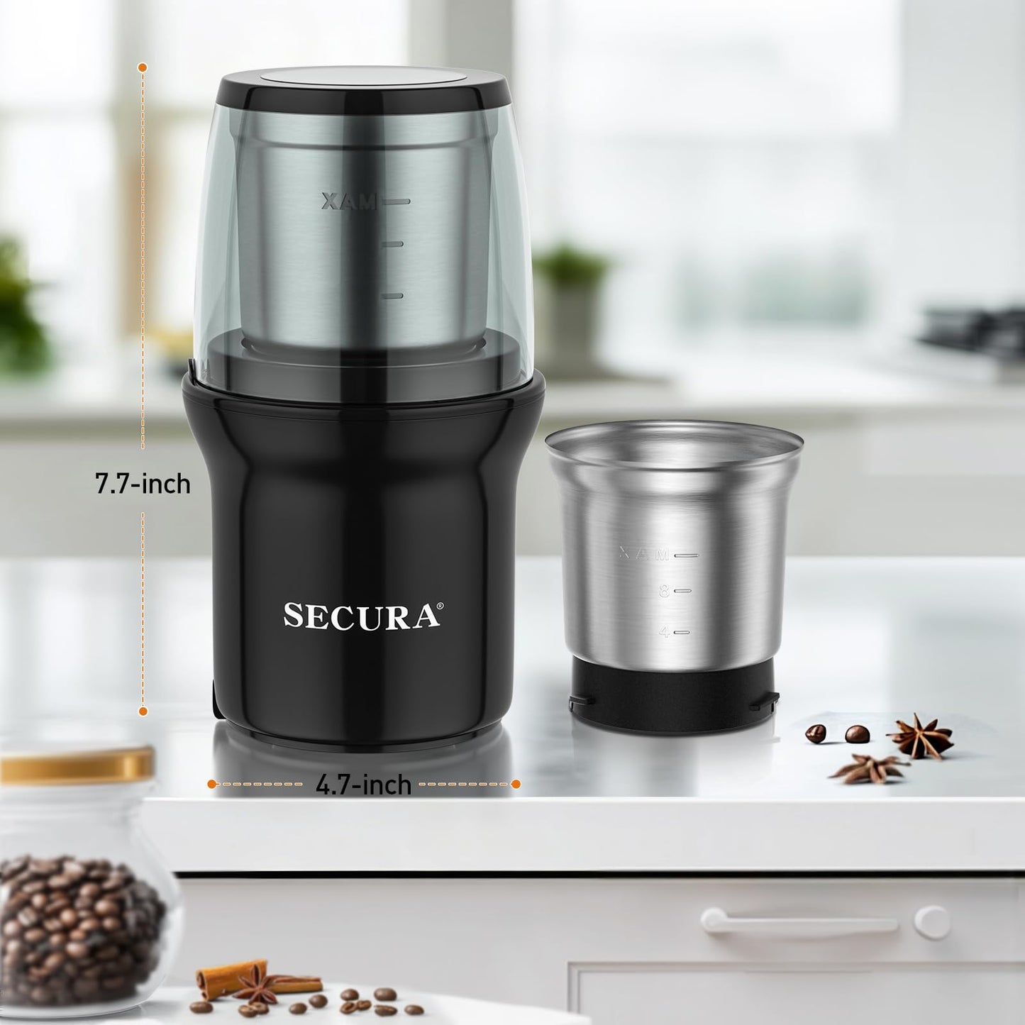 Secura Electric Coffee Grinder and Spice Grinder with Stainless Steel Blades, 2 Removable Bowls, Black