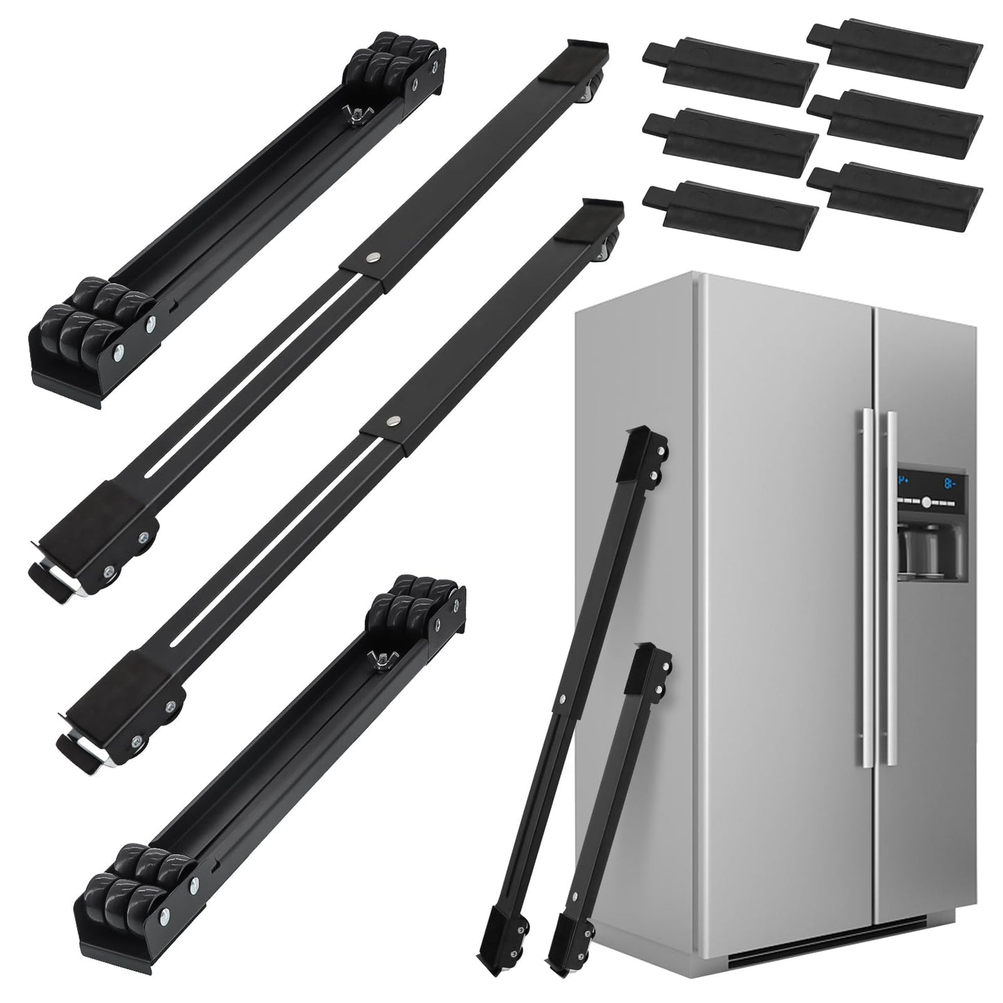 6 Pcs Extendable Furniture Appliances Rollers, Mover Tools with 24 Roller Brake Equipment for Heavy Washing Dryer Machine Refrigerator for Mobile Wheels Strong Base Stand Hold Up to 660 lb Black