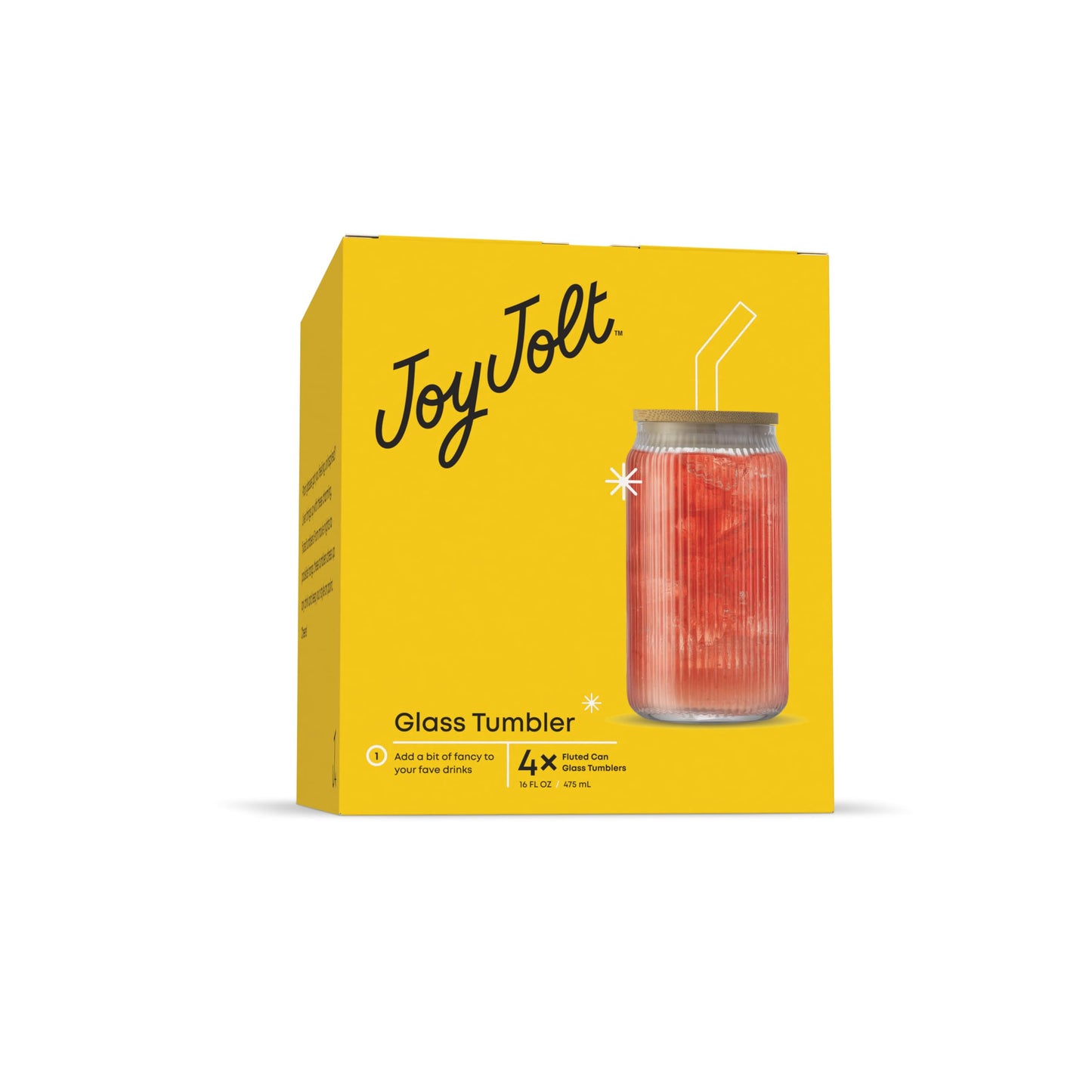 JoyJolt Fluted Glass Tumblers with Bamboo Lids and Glass Straws, Ribbed Can Shaped Drinking Glasses Set of 4, 16oz Cup with Lids and Straws, Iced Coffee Cups, Cocktail/Beer Glasses, Tea Cups