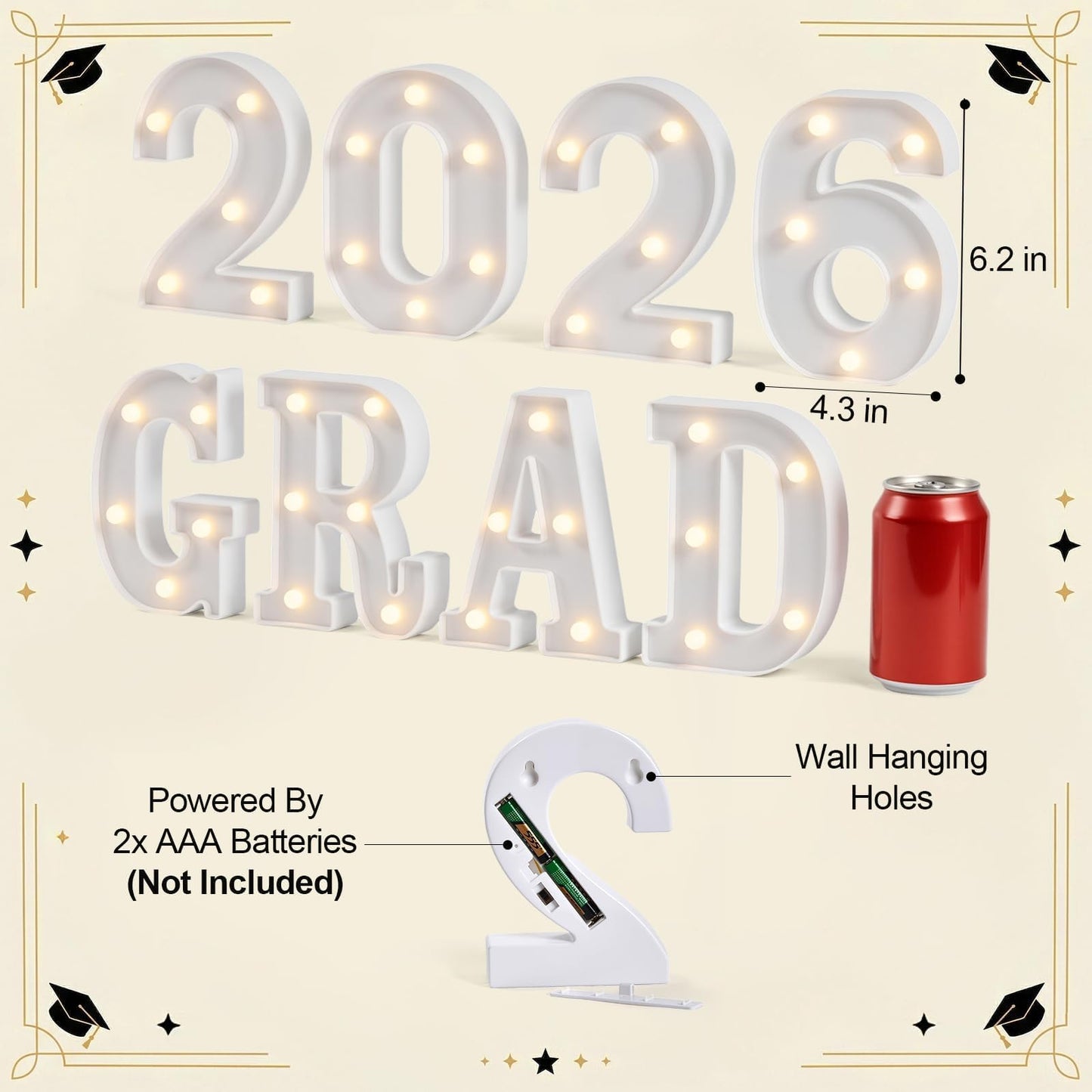 OLANRUN 2026 Graduation Decorations - 8 Pcs LED Marquee Light Up Letters GRAD 2026 for Table & Wall, Class of 2026 Graduation Party Decor Supplies for Kindergarten Preschool High School College, 6.2in