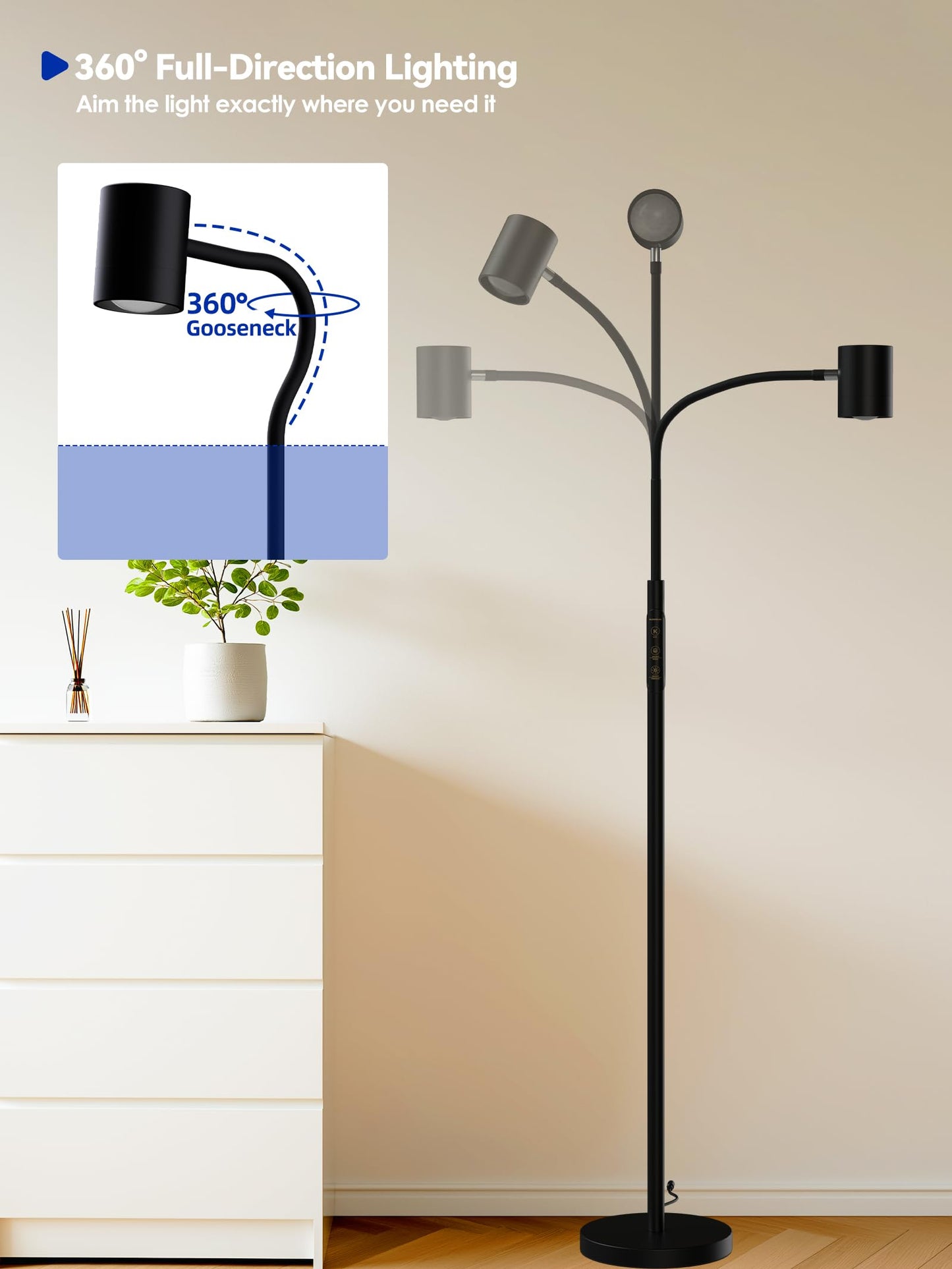 Reading Floor Lamp, 62" Tall LED Floor Lamp, Dimmable Standing Lamp, 7 Brightness & 4 Color Temperature, Adjustable Gooseneck, Touch Control, Task Craft Light for Living Room Bedroom Office,Black