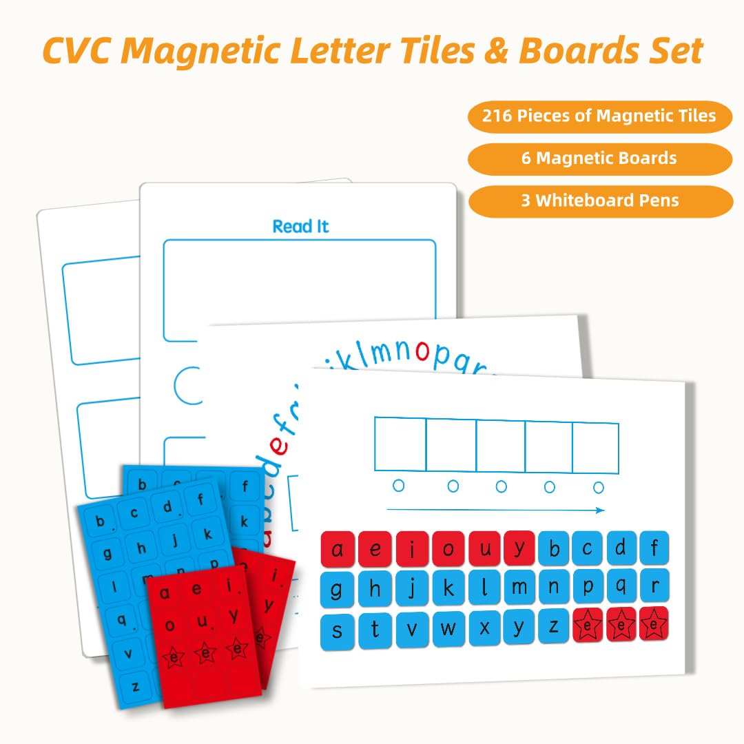 CVC Magnetic Letter Tiles and Writing Boards Set, 216 Pieces of ABC Magnets, 6 Magnetic Letter Boards CVC Literacy Spelling Reading Word Building Manipulative Phonemic Awareness Alphabet Tiles Set