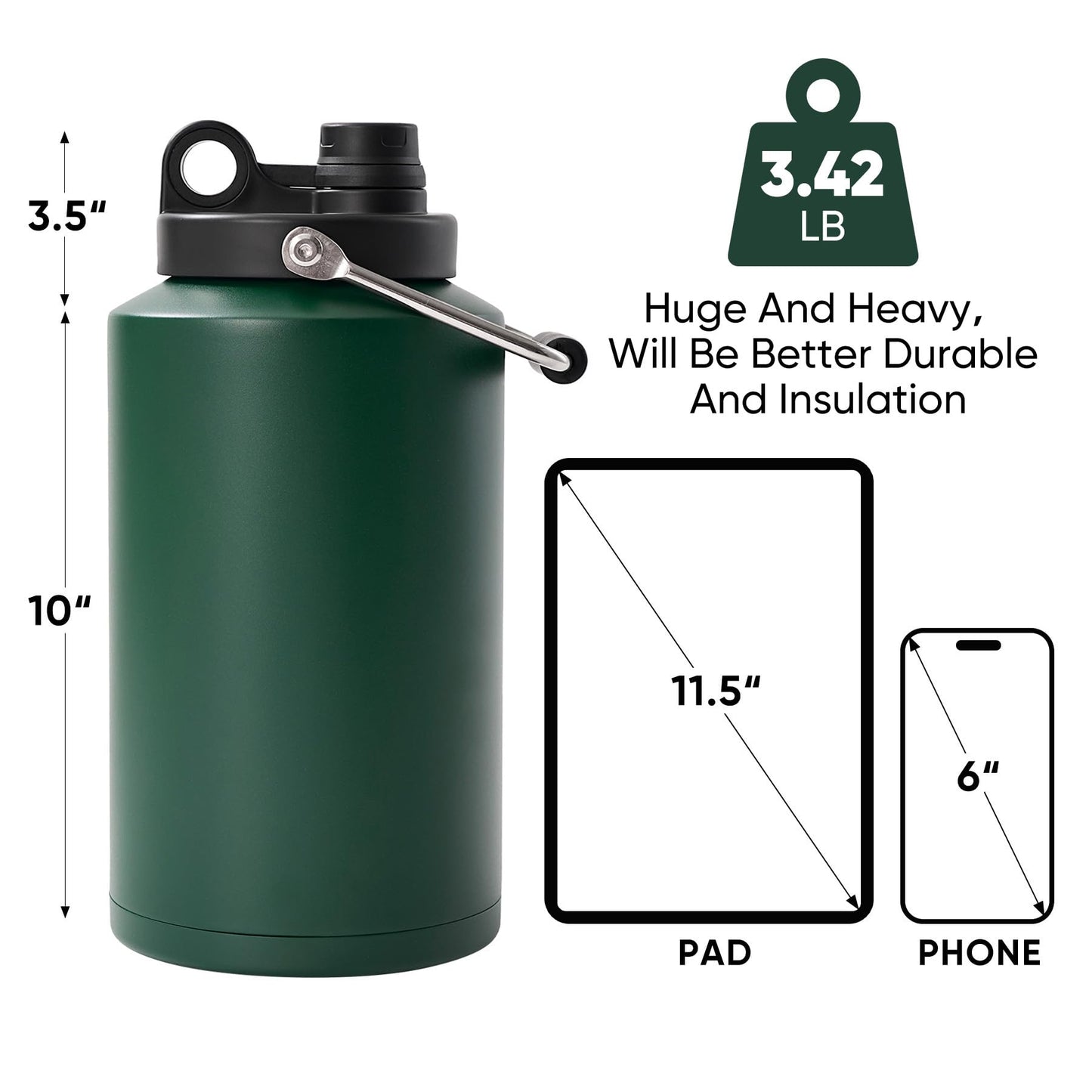 Kerilyn Insulated Gallon Jug with Handle, One Gallon, 128 Ounces Stainless Steel, Large Double Vacuum Water Bottle for Hot & Cold Drinks, Wide Mouth, Sweat Proof, Great for Travel, Camping, Green