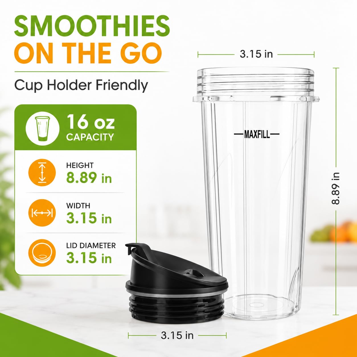 Blender 16oz Cups Replacement for Ninja - 3 Pack Ninja Blender Cups with Lids, Compatible with Ninja QB3001SS, BL770, BL780, BL660, BL740, BL810, Nutri Ninja Series Blenders