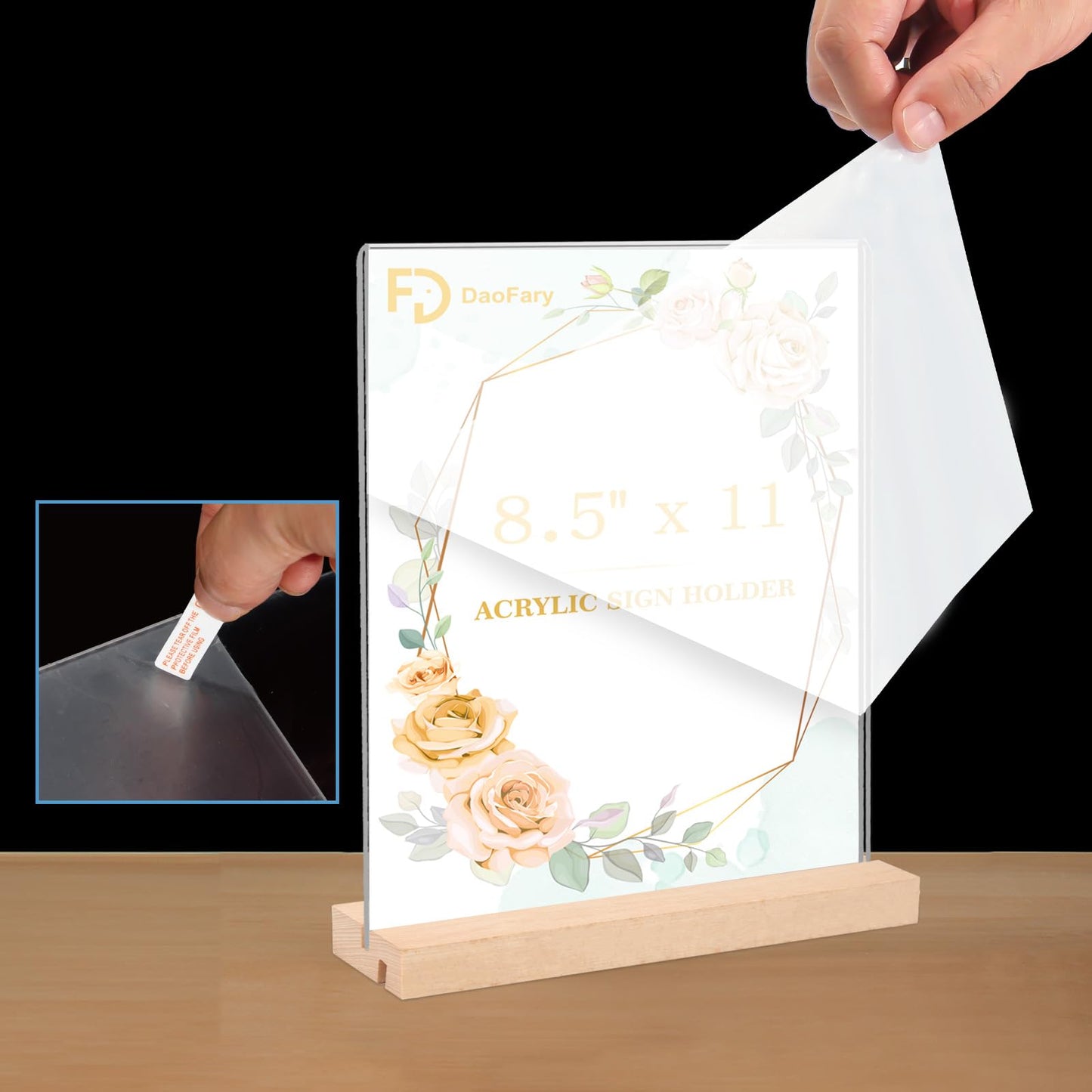 Daofary 6 Pack Acrylic Sign Holder 8.5 x 11, L/T Shape Double Sided wood Picture Frame Stand up Table Top Sign Holders, Clear Display Stand Menu Flyer Holder for Wedding Party (Provide Non slip Mats)