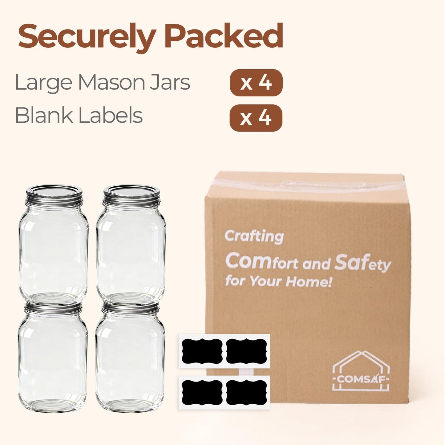 ComSaf Wide Mouth Mason Jars 32 oz with Lids 4 Pcs, Quart Mason Jars with Seal Band, Large Glass Jar, Big Canning Containers for Pickles, Jams, Sauces, Salsa, Sourdough, Juice, Suntea, Food Storage