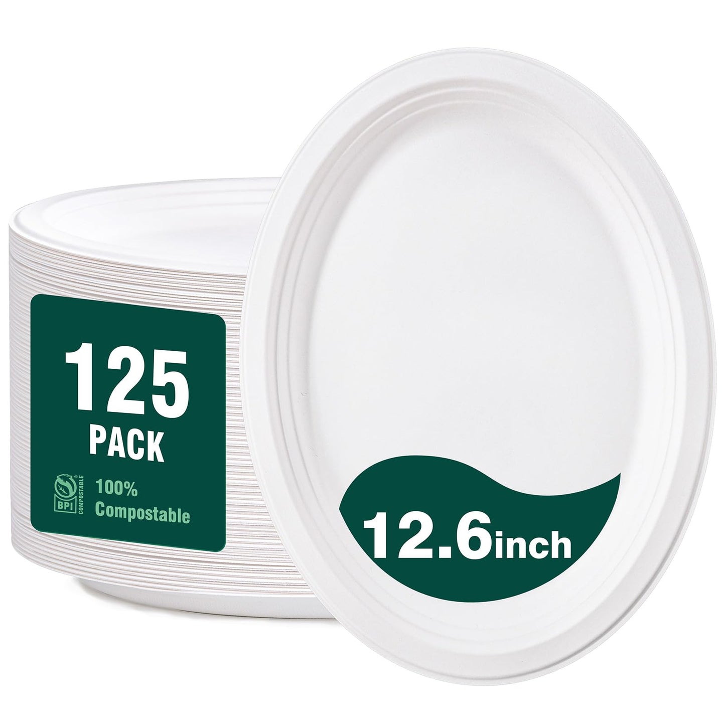 DaYammi 100% Compostable Oval Paper Plates 12 Inch, 125-Pack Heavy Duty Paper Plates Bulk,Biodegradable Bagasse,Eco-Friendly Disposable Dinner Plate for BBQ,Picnic,Party (BPI Certified,Microwaveable)