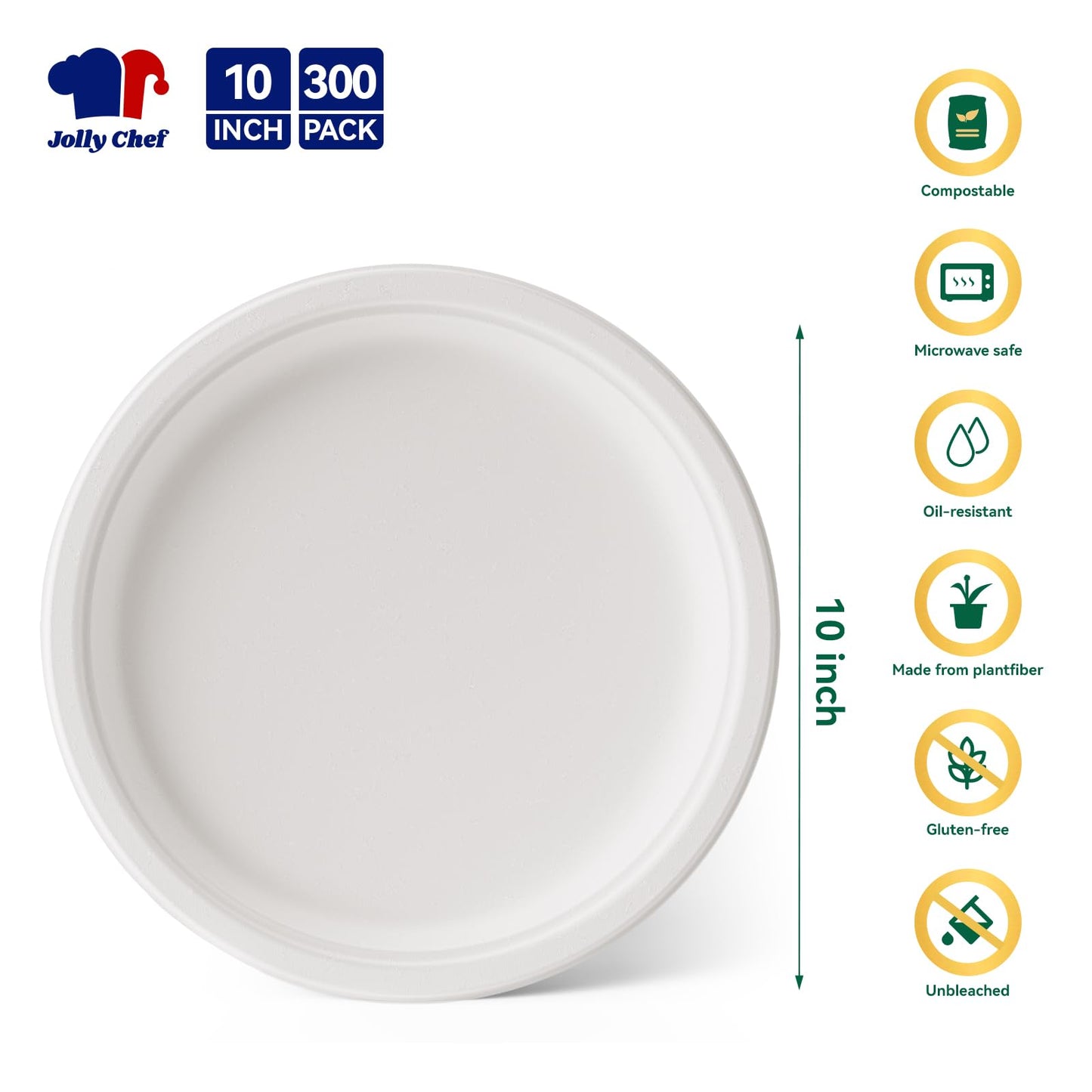 JOLLY CHEF Compostable Heavy Duty Plates 𝟭𝟬 𝗜𝗻𝗰𝗵 [𝟯𝟬𝟬 𝗣𝗮𝗰𝗸] Eco-Friendly Disposable White Uncoated Paper Plates Bagasse Sugarcane Biodegradable for Hot Cold Food Party Dinner Weddings
