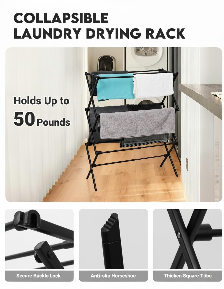 UNICCA 3-Tier Metal Folding Clothes Drying Rack, Laundry Drying Rack Clothing | Collapsible Dryer Racks for Laundry | Indoor & Outdoor,Black