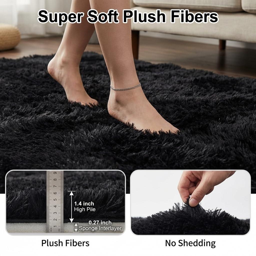 Mugorn 8x10 Area Rugs for Living Room, Large Fluffy Black Rugs for Bedroom, Soft Carpet Shag Kids Room Rug, Non-Slip Fuzzy Rugs Indoor (8ft x 10ft, Black)