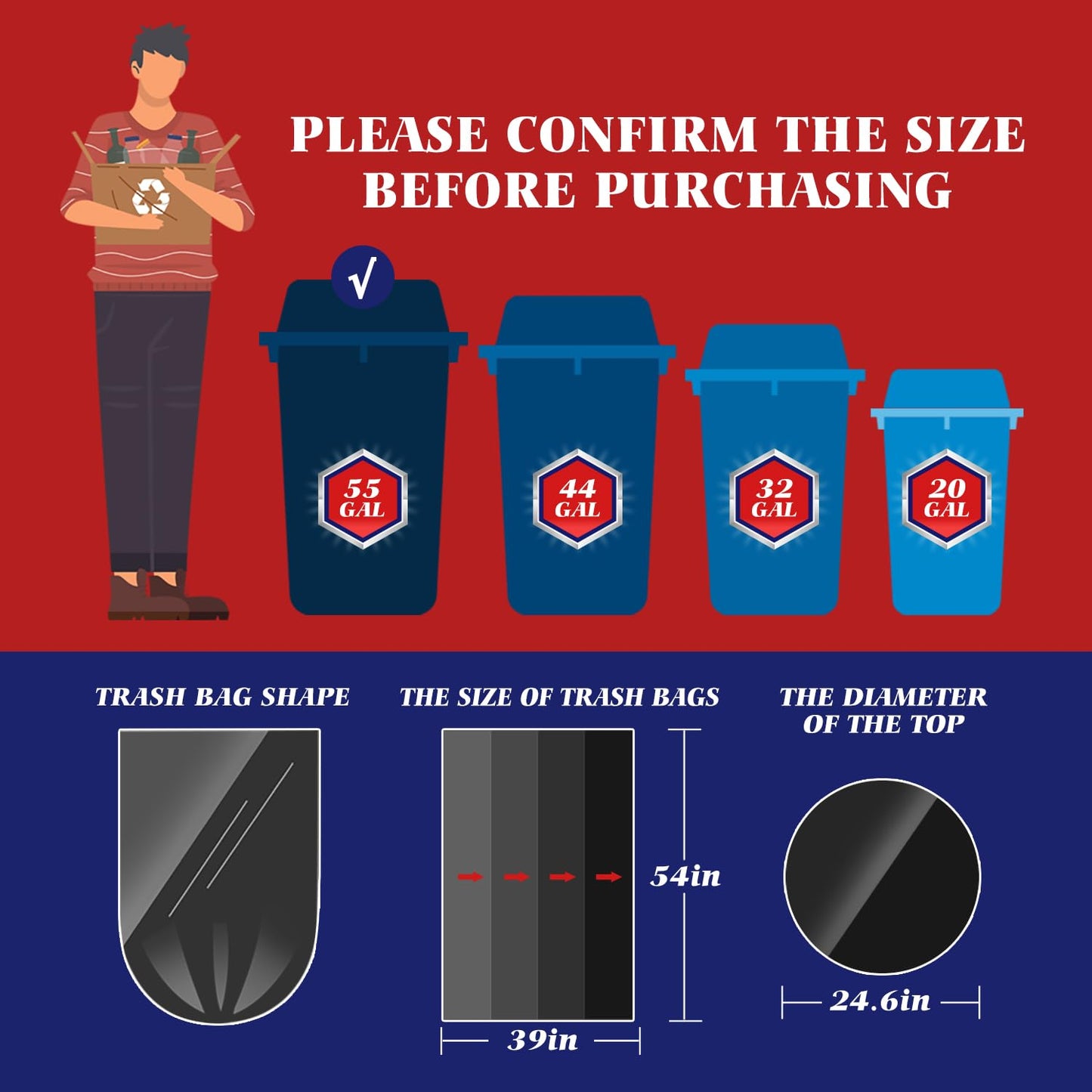 Teivio Trash Bags, 40-45 Gallon, 300 Count, Black, for Bathroom, Office, Industrial, Commercial, Janitorial, Municipal, Recycling