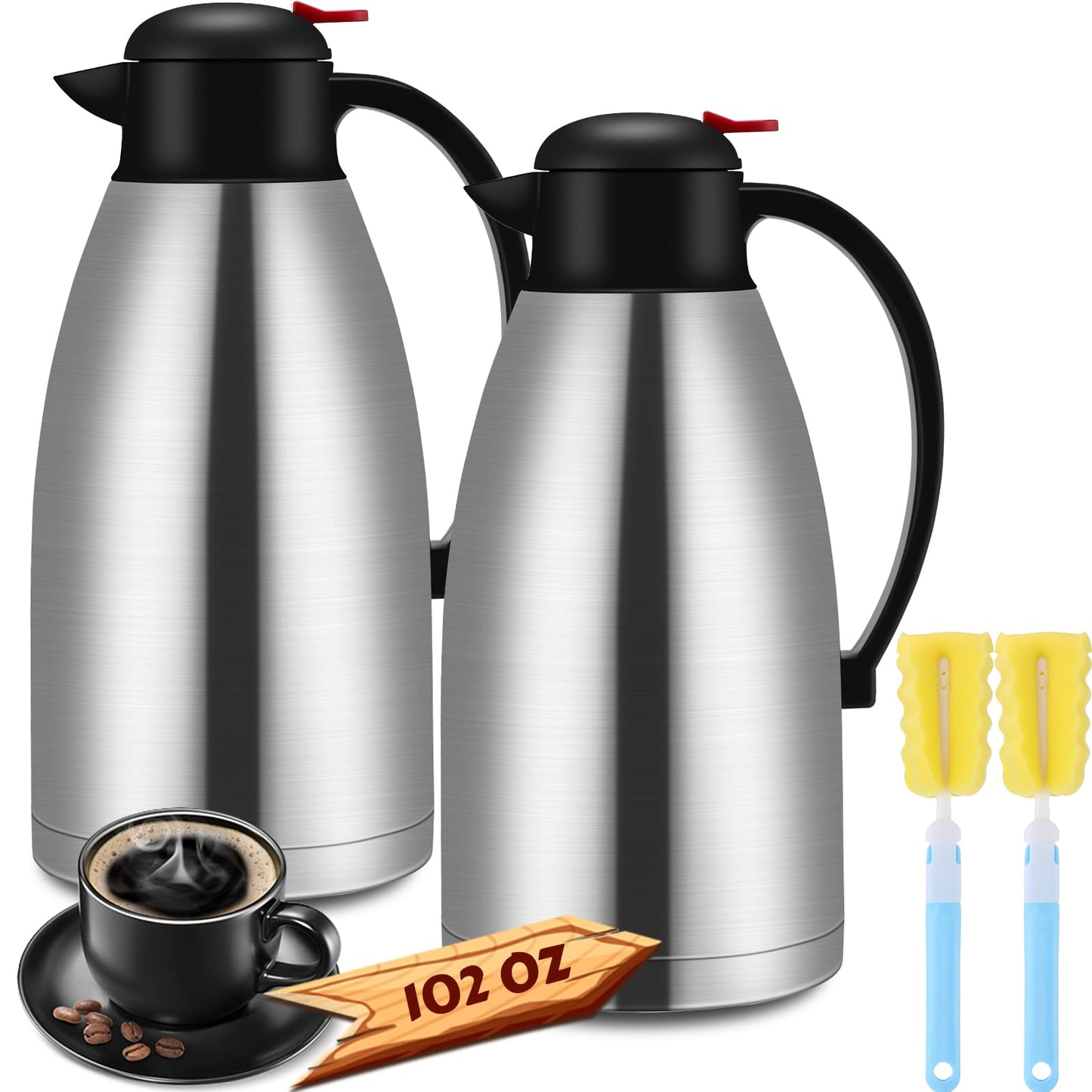 Nuogo 2 Pcs 102 oz Thermal Coffee Carafe Insulated Stainless Steel Carafe Double Walled Vacuum Coffee Pot Creamer Pitchers with Brush for Home Office Use Keep 24 Hours Hot Water Tea(Silver)