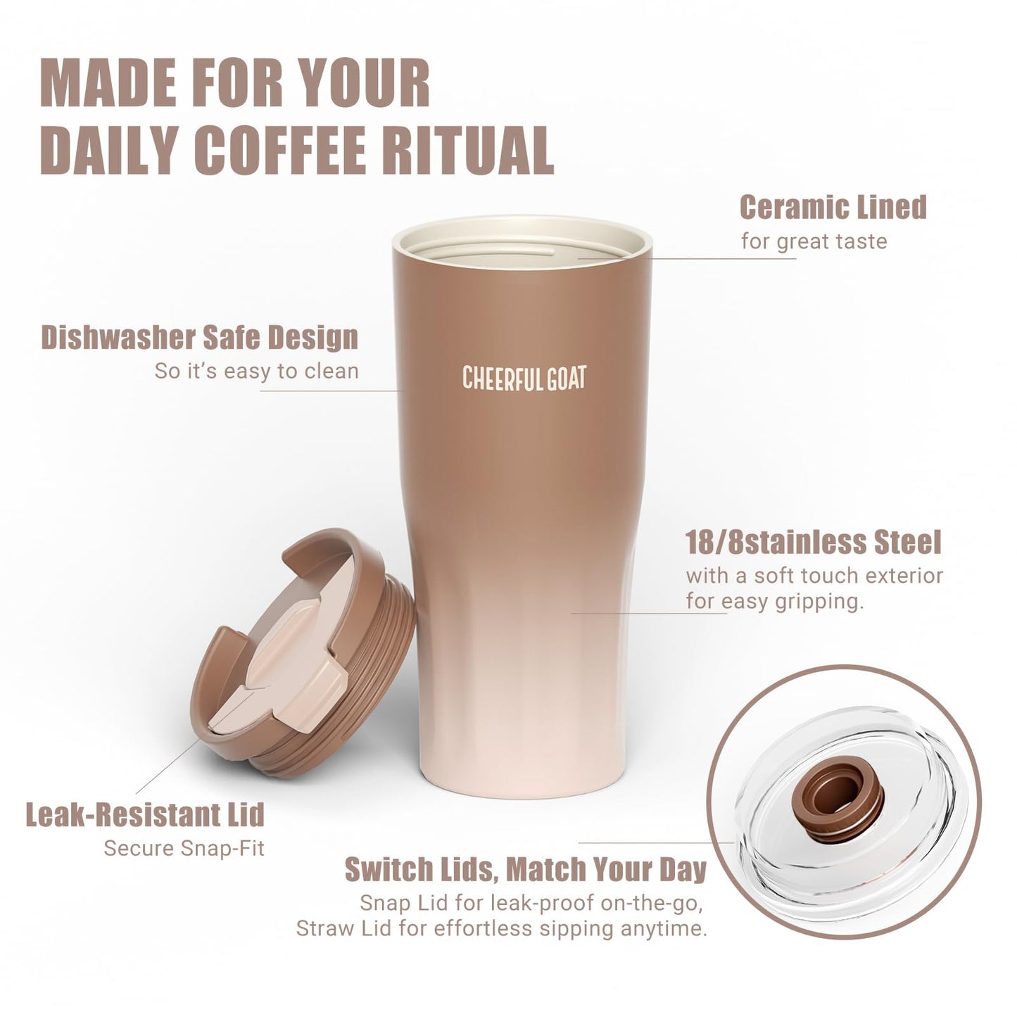 CHEERFUL GOAT Ceramic Lined Coffee Travel Tumbler - Stainless Steel Travel Mug with Ceramic Liner and Lid, 21 OZ Cup for Hot and Cold Beverages at Home or on the Go (Latte Ombre)