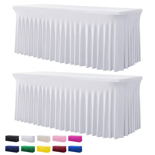 2 Pack White Spandex Table Clothes for 6 Foot Rectangle Tables, Wrinkle Free Fitted Table Cover 6ft Stretch Tablecloths Desk Skirt for Parties Weddings Birthday Banquet Baby Shower