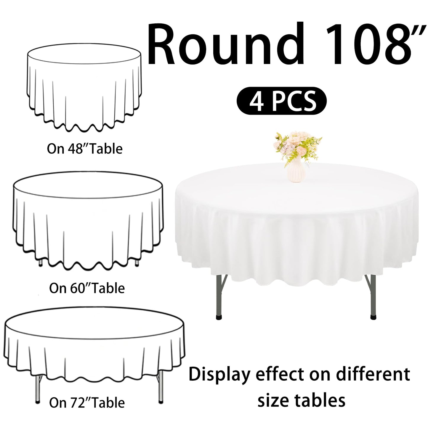 JALANCY 4 Pack Round Tablecloth 108 Inch White Polyester Washable Fabric Table Covers for Wedding Dining Table Buffet Parties Banquet Decor