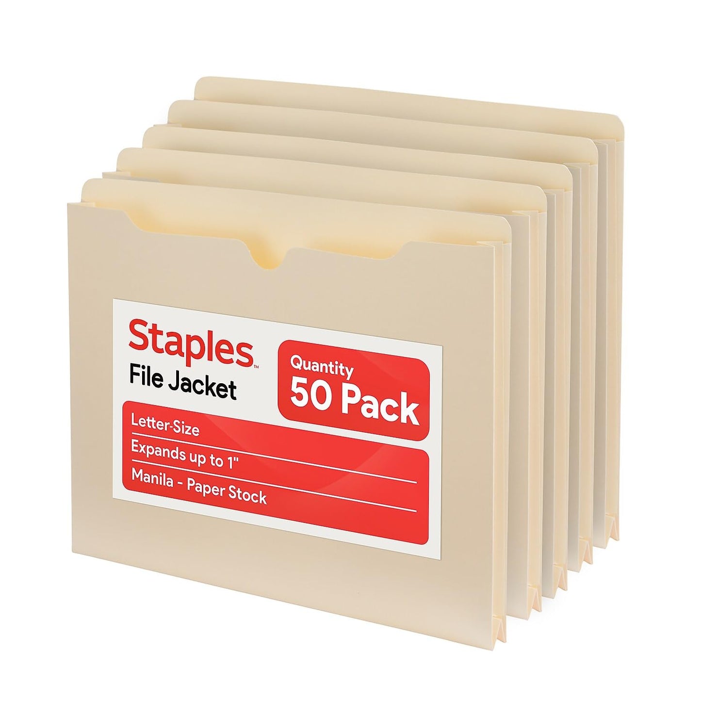 Staples File Jackets, Letter Size, 1‑Inch Expansion, Reinforced Manila Pocket Folders for Filing & Organization – 50/Pack
