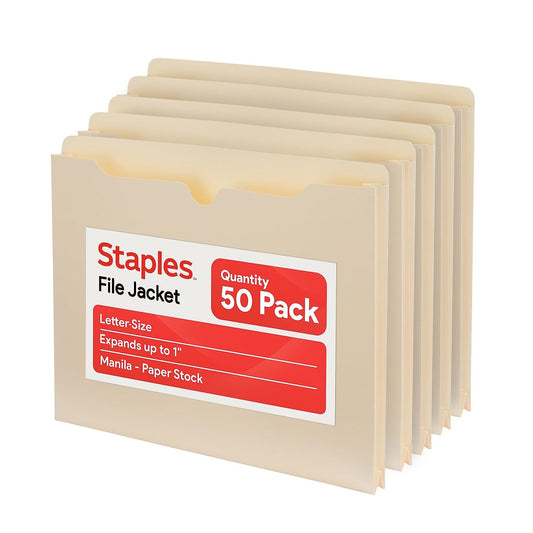 Staples File Jackets, Letter Size, 1‑Inch Expansion, Reinforced Manila Pocket Folders for Filing & Organization – 50/Pack