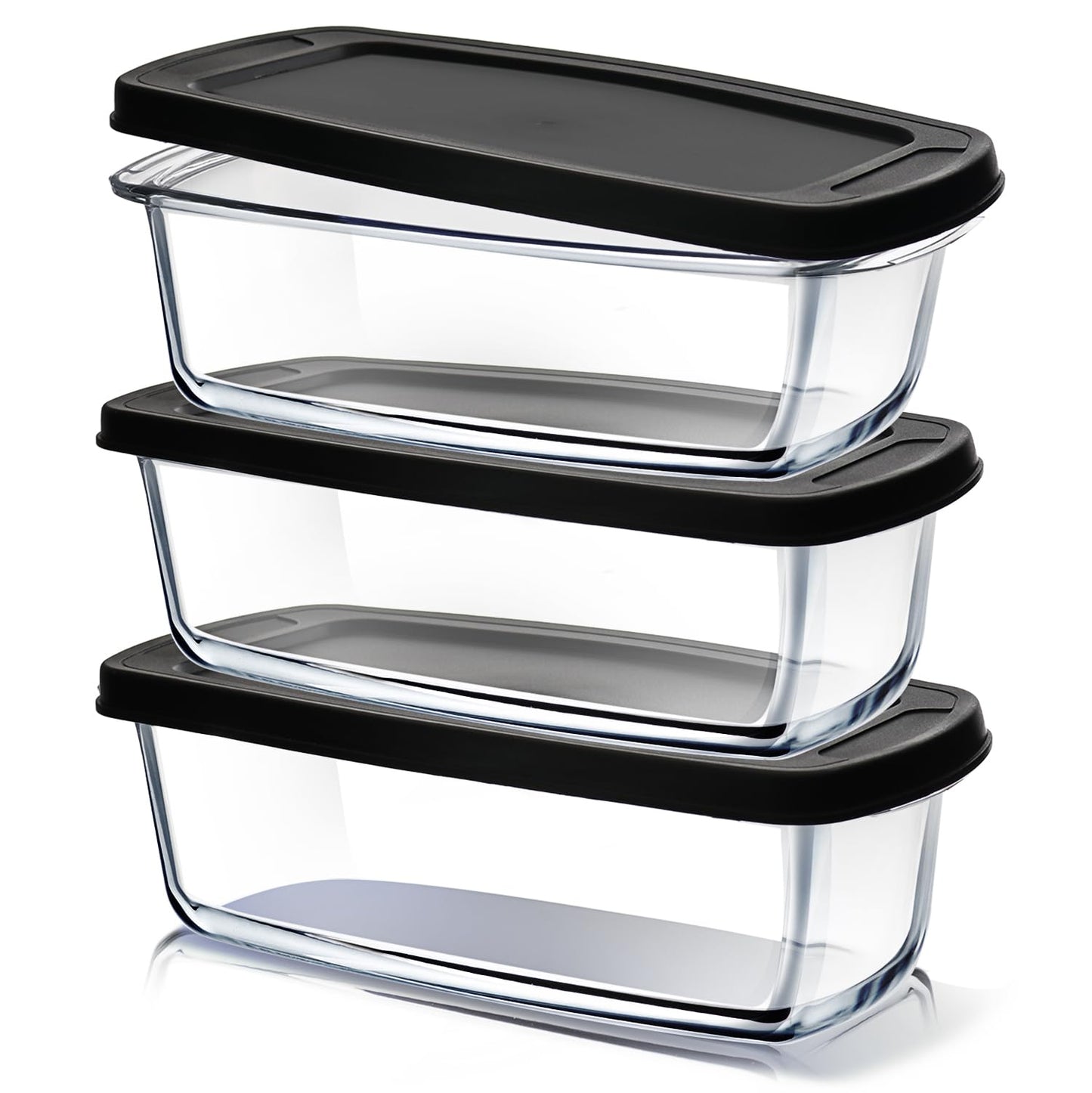 EATEX Glass Bread Pans for Homemade Bread Baking, 1.9 Quart Deep Rectangular Glass Food Storage Containers with Lids, 3 Bread Loaf Pans 3 Airtight Lids Black Microwave Oven & Freezer Safe
