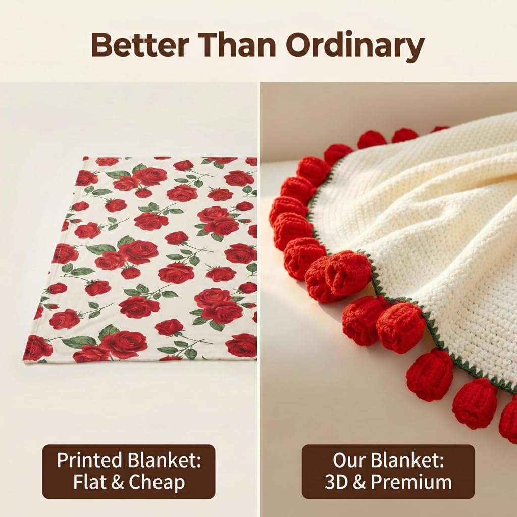 UODOR Flower Bouquet Blanket,Crochet Flower Bouquet Blanket Handmade, for Mother's Day, Valentine's Day, Birthday, Mom Grandma Home Sofa Decor (Finished Product) (Red, Small（31X31inches）)