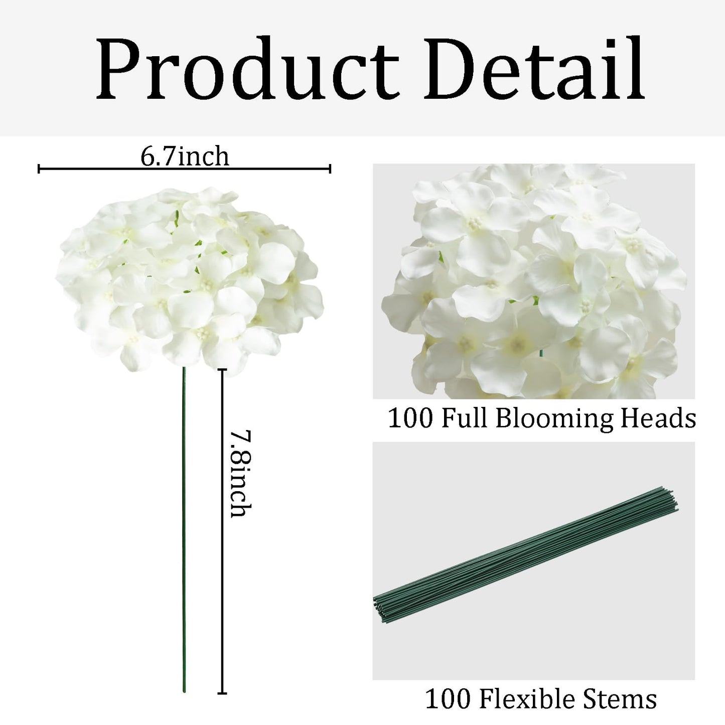 Cherica 100 Pcs Faux White Hydrangea Artificial Flowers Bulk, Fake Silk Hydrangea Flowers Heads with Stems for Wedding Decorations Garden Party Baby Shower Porch Home Decor Table Centerpieces