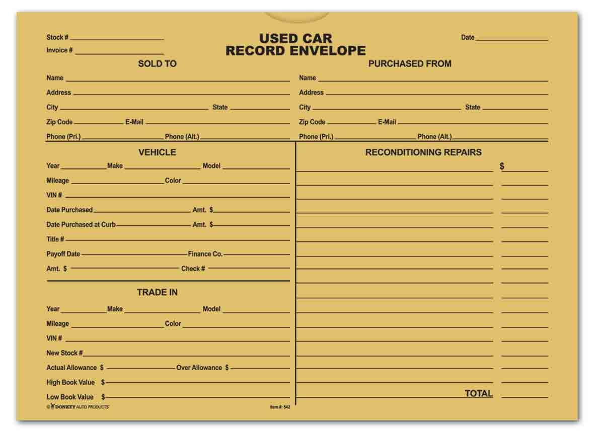 Used Car Record Envelopes - Deal Jackets for Used Vehicles (100 per pack) (Buff)