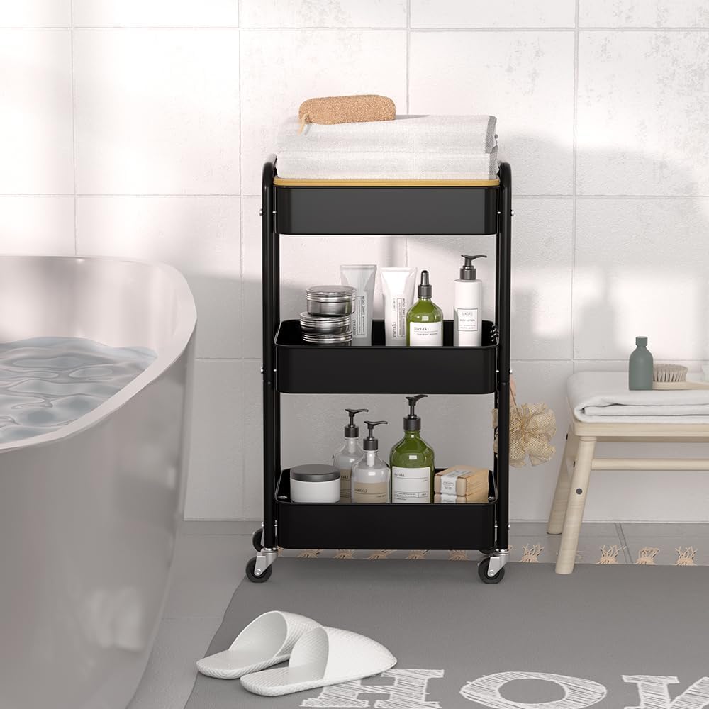 HIDODO 3 Tier Metal Utility Cart, Rolling Storage Cart with Wooden Tabletop, Metal Organizer Cart with Lockable Wheels for Office, Bedroom, Kitchen and Living Room (Black)