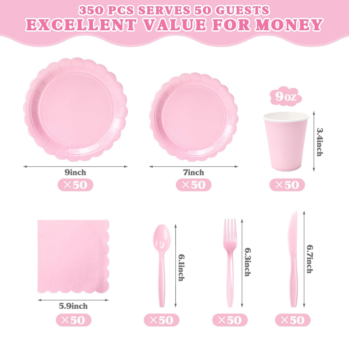 Vyntra 350 Pcs Pink Paper Plates and Napkins Set for 50, 9" Dinner Plates & 7" Dessert Plates, Tableware for Birthday Party, Mother's Day
