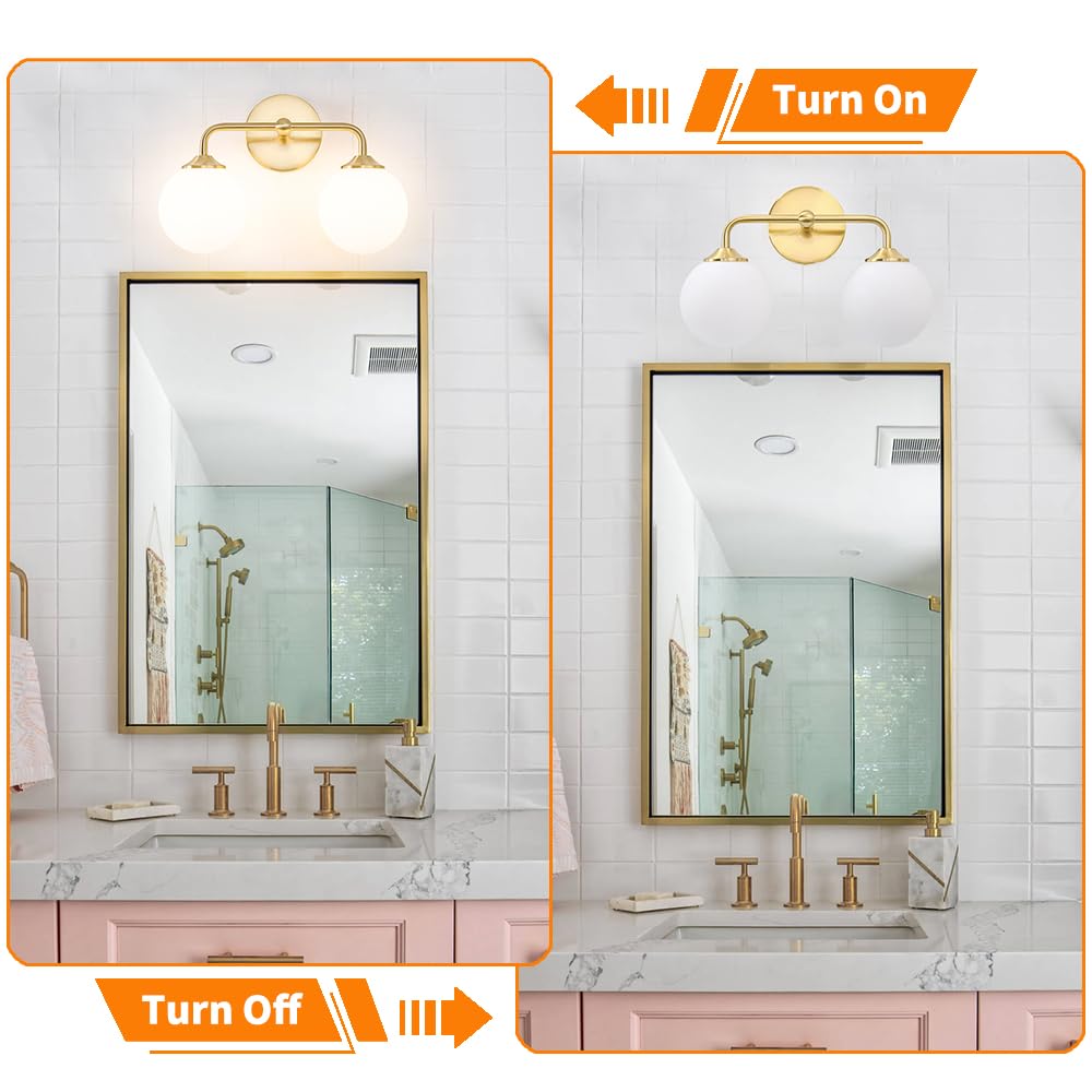 Modern Gold 2-Lights Bathroom Light Fixtures, Brass Vanity Light with Milky White Globe Glass Shade, Elegant Vanity Light Fixtures over Mirror, Wall Sconce Light for Bathroom, Mirror, Dressing Table