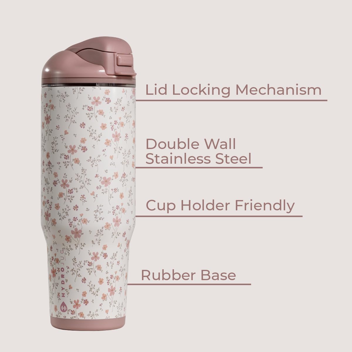 HydroJug Ease2o Water Bottle with Straw & Chug Lid, Stainless Steel, Vented Cap to Help Reduce Pressure, Water-Level Window, Cup Holder Friendly, Non-Slip Base – 40oz, Magnolia