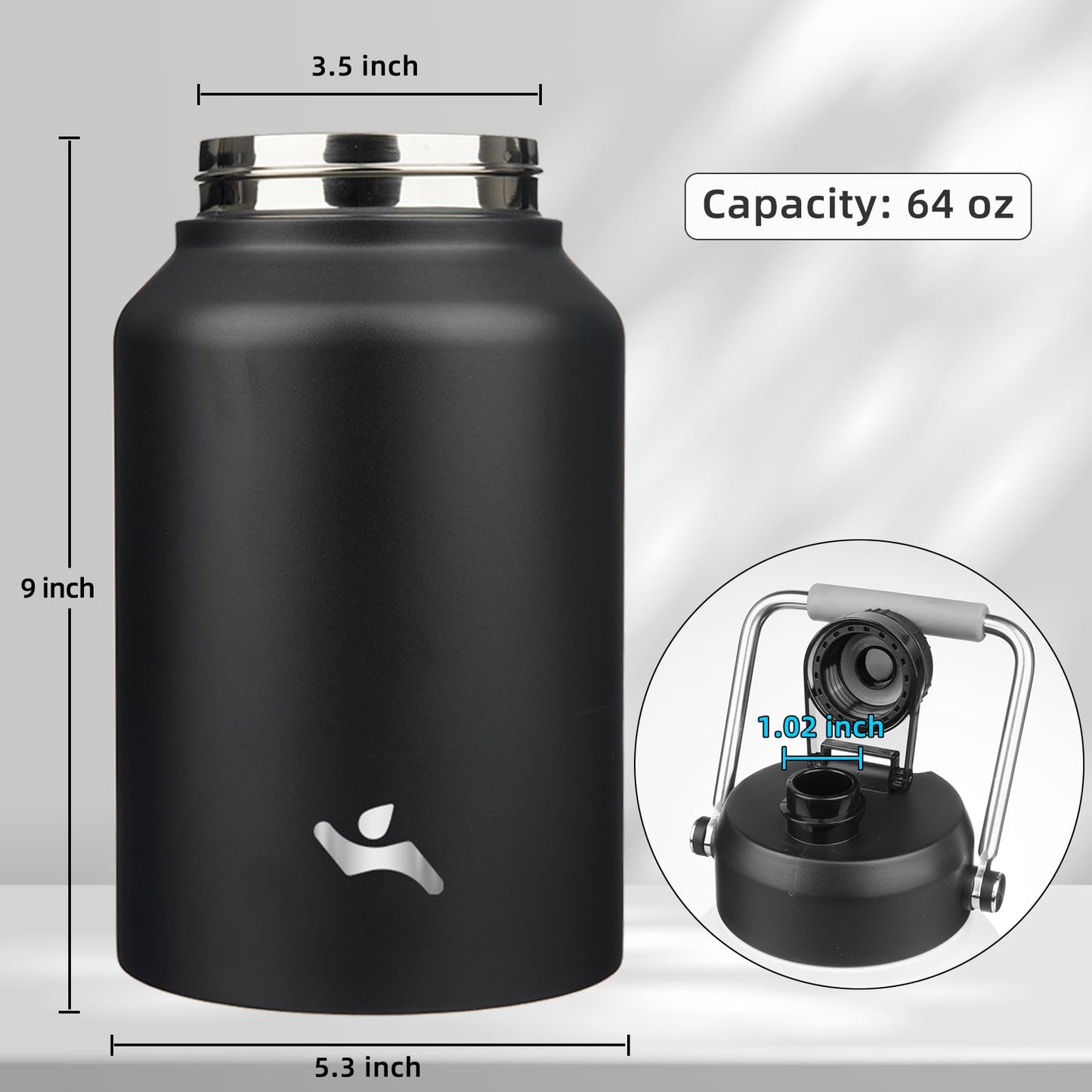 Konokyo Half Gallon Jug with Handle,64 oz Insulated Water Bottle with Carrying Pouch,Double Wall Vacuum Stainless Steel Metal Bottle,Black