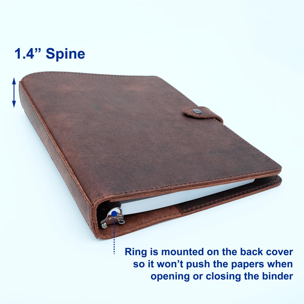 Fan&Ran Lined Leather Journal, 100 Sheets of College Ruled Paper 5.5"x8.5", 3-Ring Mini Binder, Interior Pockets, Refillable