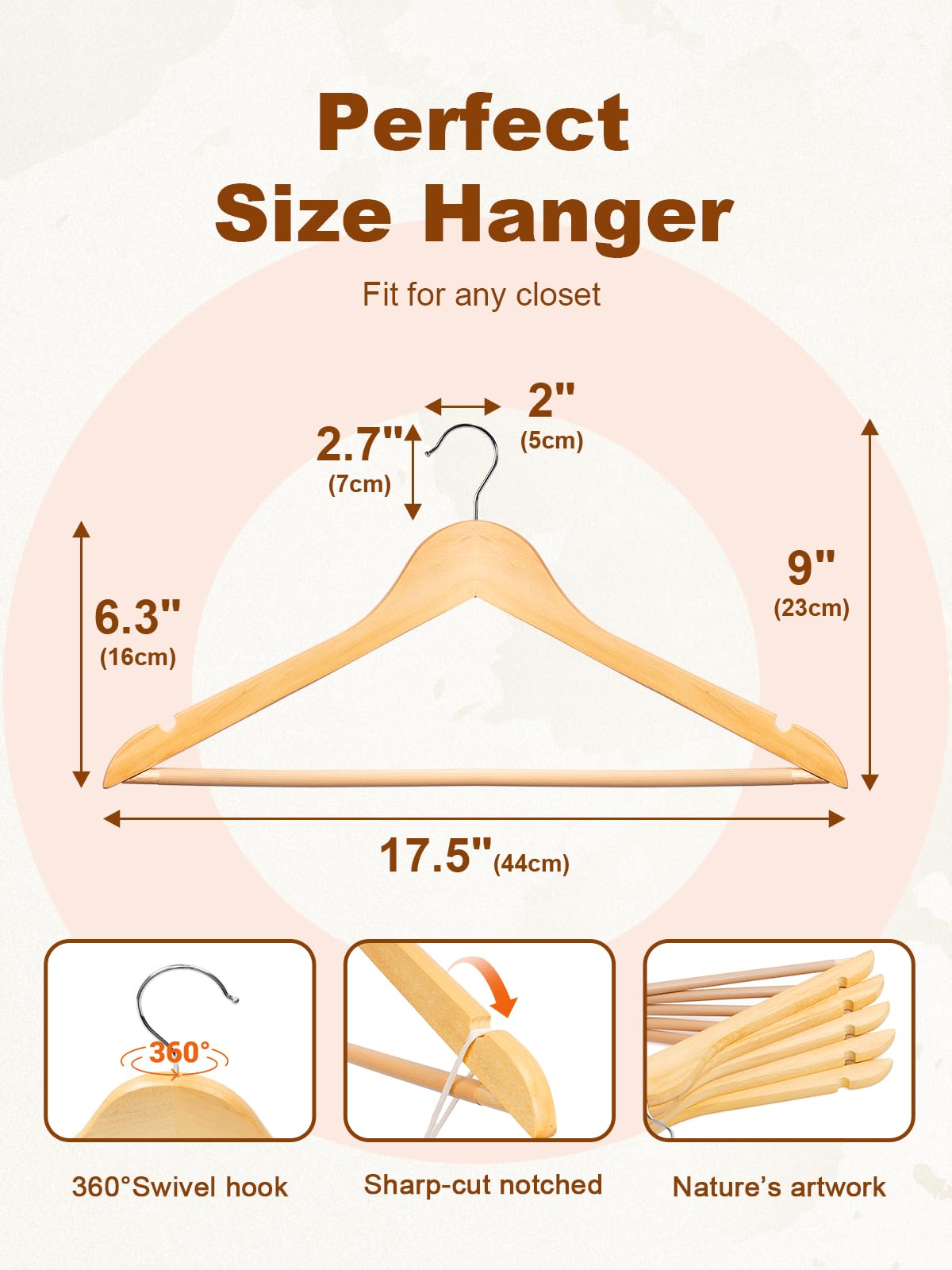 HOUSE DAY Wooden Hangers 30 Pack, Solid Wood Clothes Hangers with Non Slip Pant Bar, Heavy Duty Wooden Coat Hanger for Closet, Smooth Finish Wood Hangers for Shirts, Suits Jackets, Dress, Natural