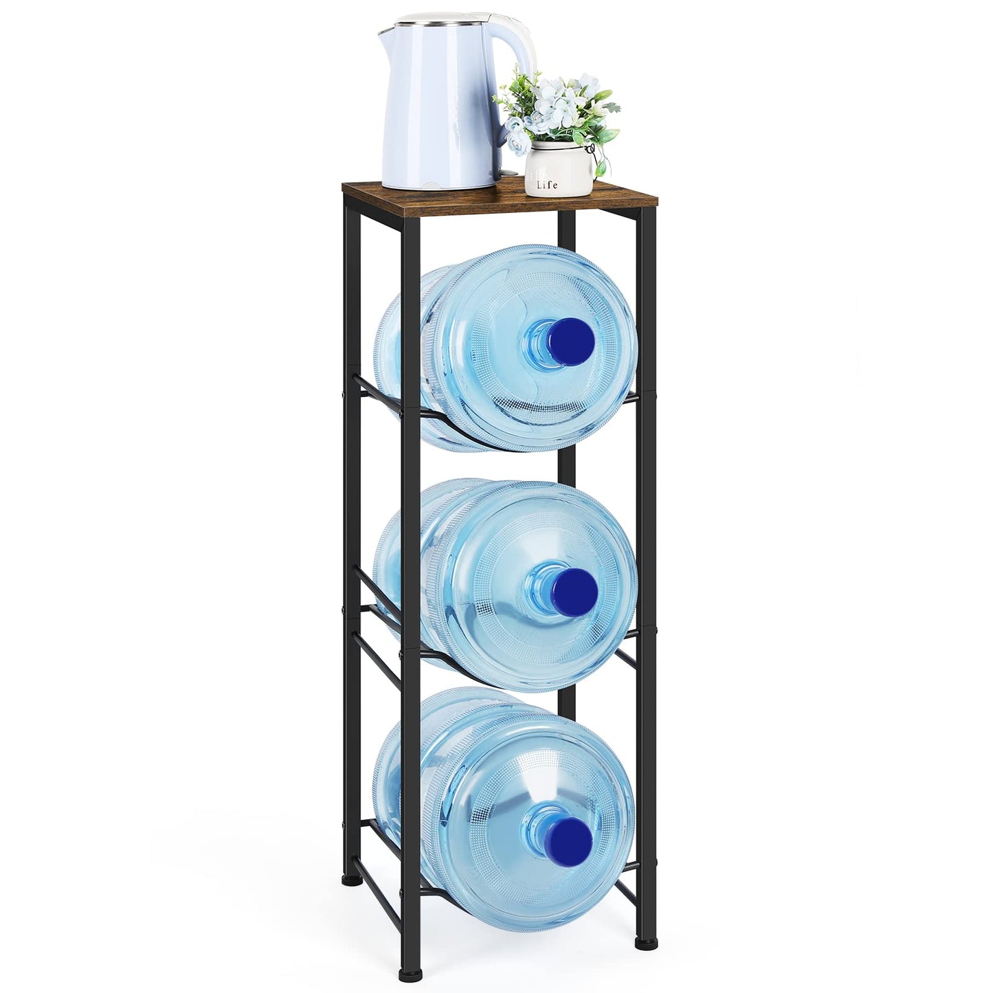 5 Gallon Water Jug Holder 3-Tiers Water Dispenser Stand Rack, Water Bottle Organizer with Storage Shelves for Kitchen Living Room Office, Rustic Brown