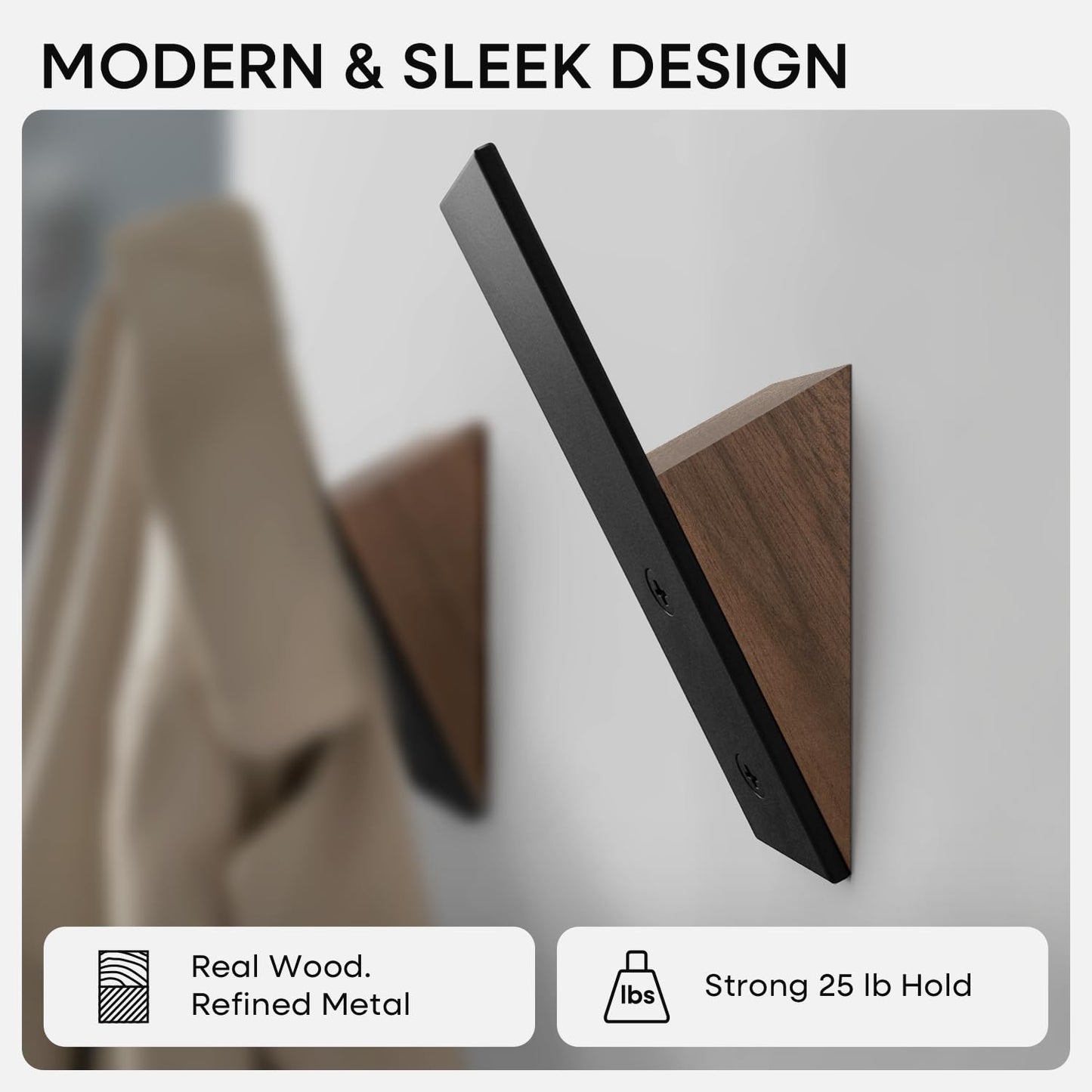 Homeforia Walnut Wood Coat Hooks, High End Walnut Wood & Black Metal Wall Mounted Coat Hooks, Mid-Century Modern Clothes Hooks, Heavy Duty Wooden Hooks for Hanging Coats, Hats, Towels & More, Set of 6