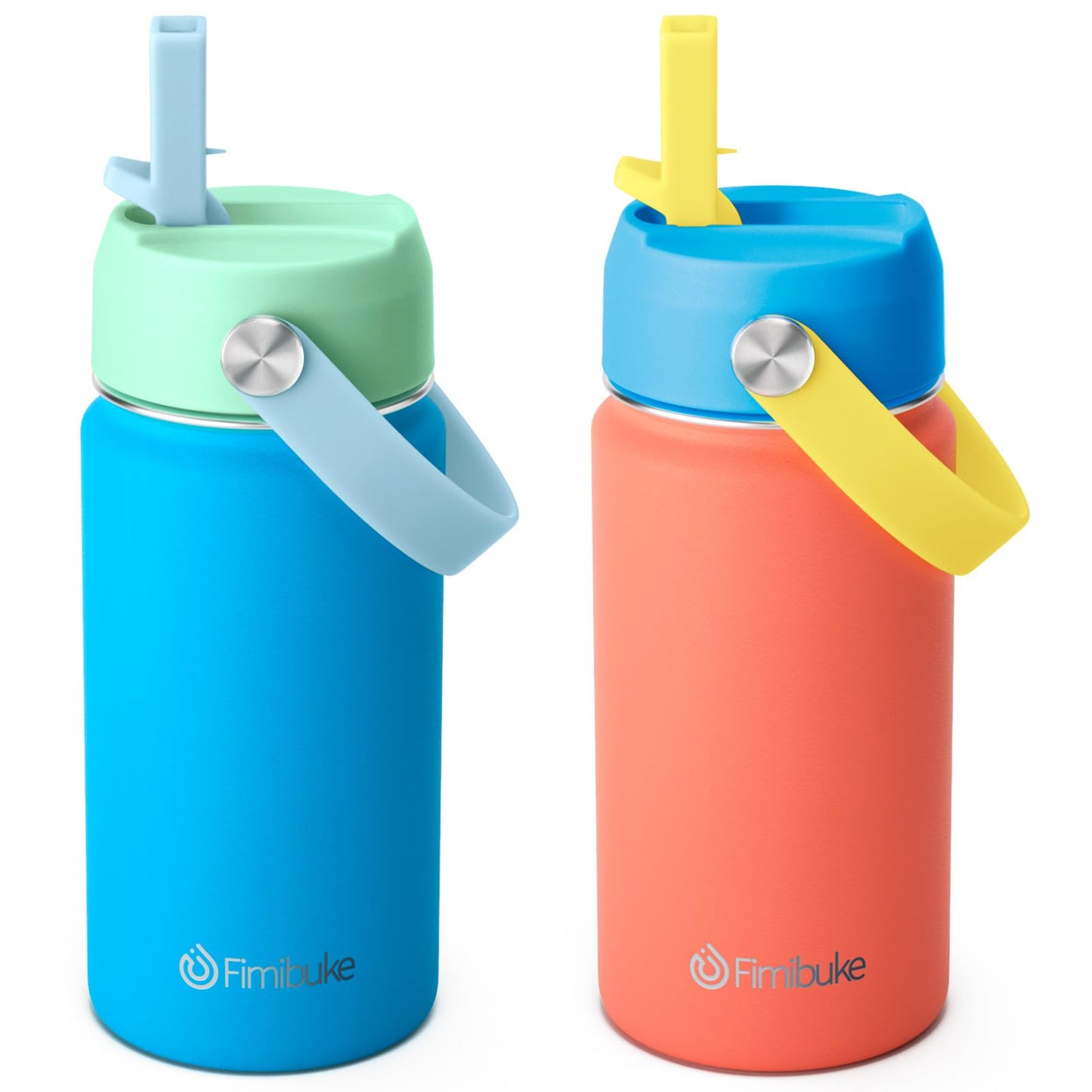Fimibuke Kids Insulated Water Bottle, 14oz BPA FREE Double Wall Vacuum Tumbler 18/8 Stainless Steel Leak Proof Kids Cups with Straw Metal Water Bottle for School Boys Girls (2 Pack, Ocean Life)