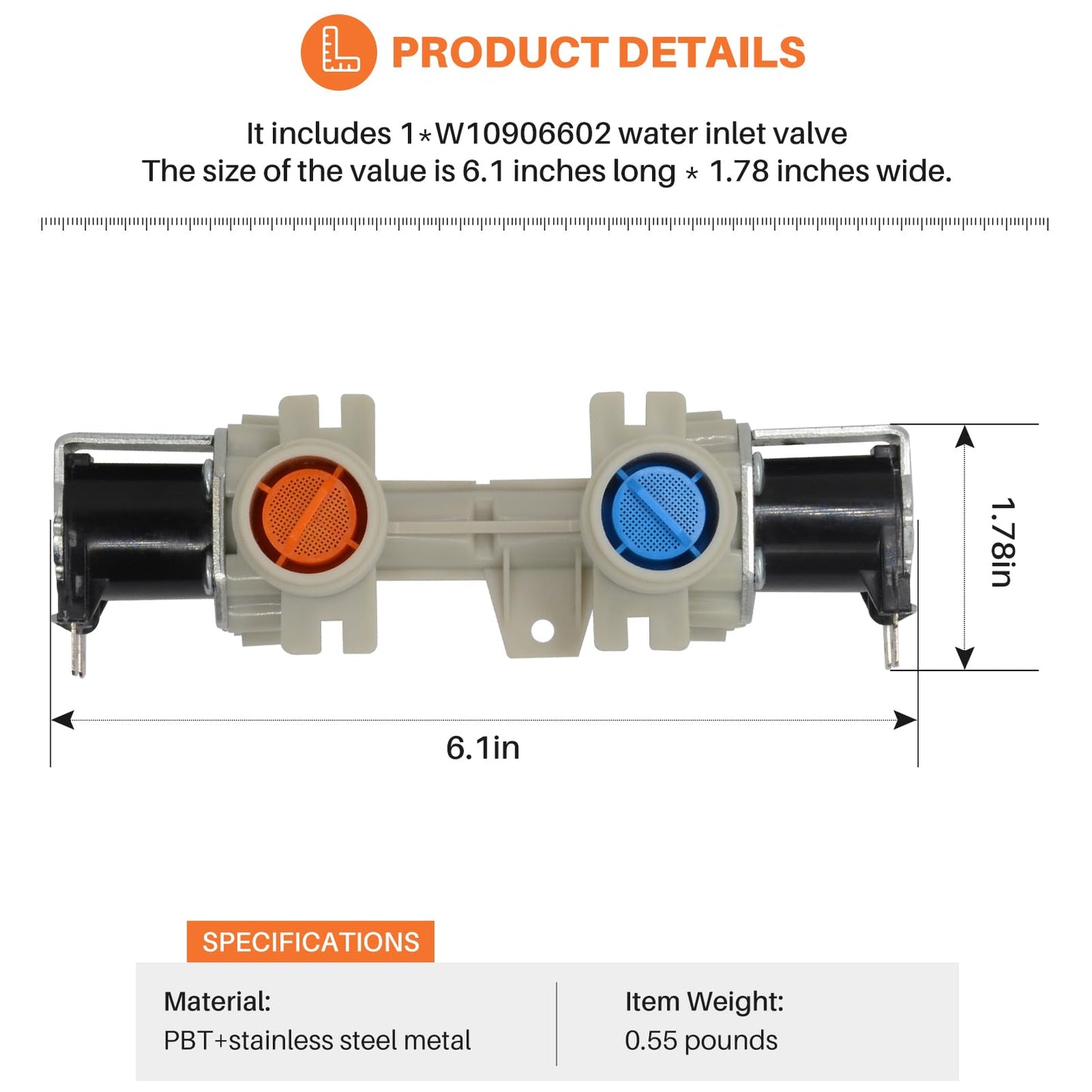 W10906602 Washer/Dryer water inlet valve Compatible with Whirlpool Kenmore Amana Washer Replace W10869511 W11176412 4460930 AP6036153 PS11769643 EAP11769643