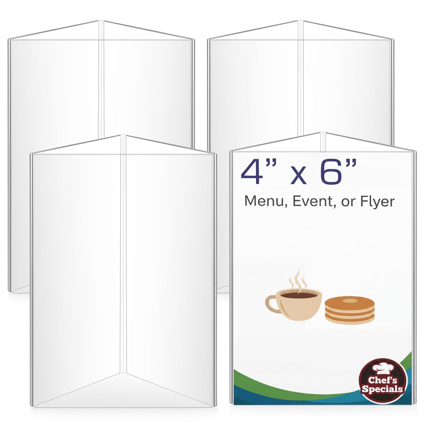 LemonSecret 4 Pack Acrylic Table Tent Sign Holder, Clear Three Sided Display Stand for Menu Flyer Promotion, Countertop Desktop Use in Restaurant Retail Office (4 x 6 Inch)
