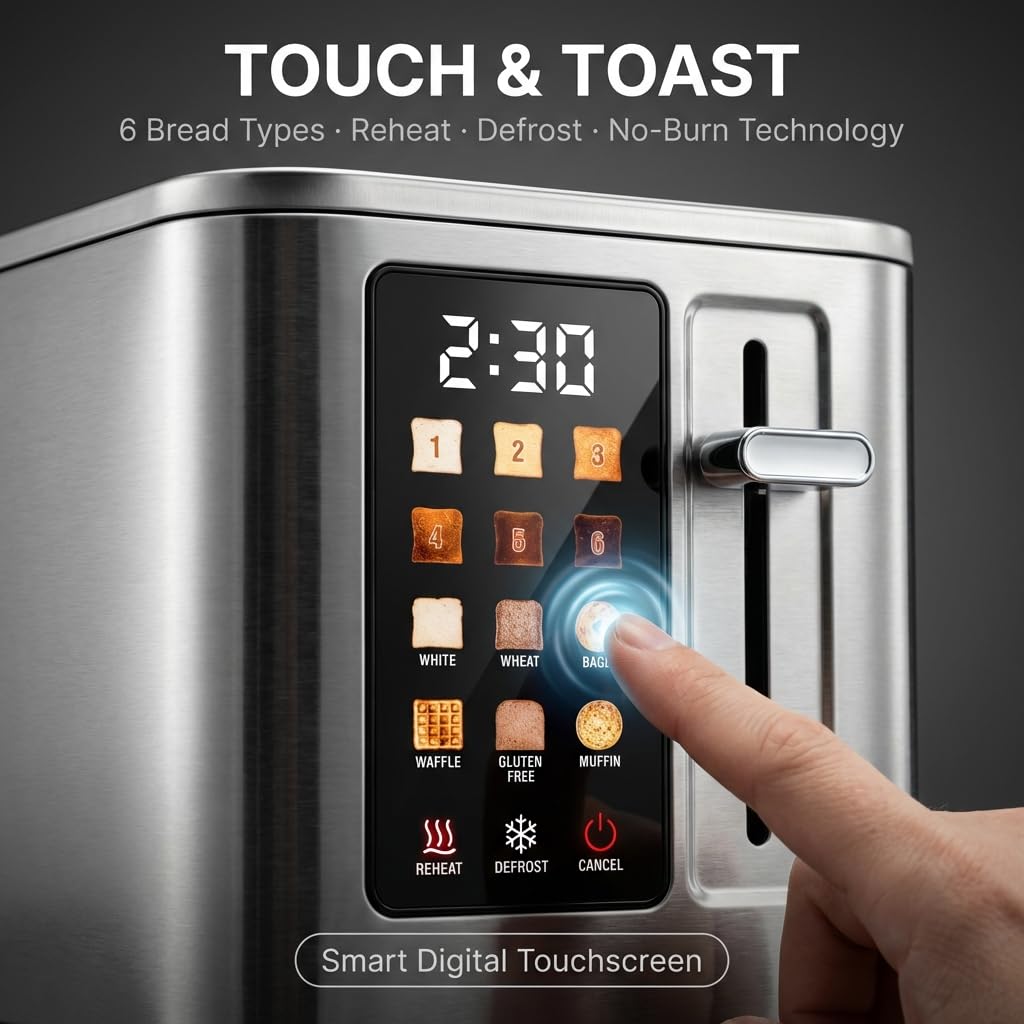 2026 Upgraded TAZTIR Touch Screen Toaster 2 Slice, Premium Stainless Steel Digital Bread Toaster with Timer, 1.5'' Wide Slot, 6 Shade Settings & 6 Bread Types, Bagel Defrost Reheat Cancel Functions