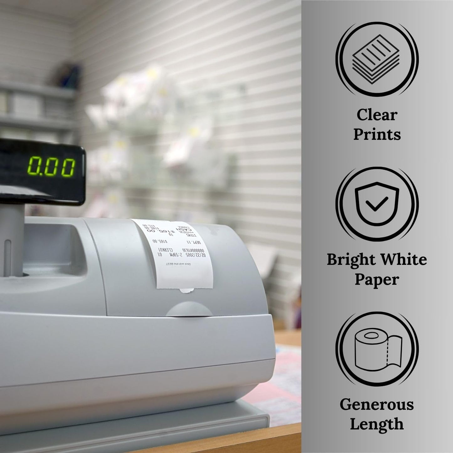BAM POS 2 1/4" x 165' Thermal Cash Register POS Receipt Paper - Low Dust Thermal - Bright White Paper - Compatible with CE T100, PCR T465 and Many More - 50 Rolls Per Case