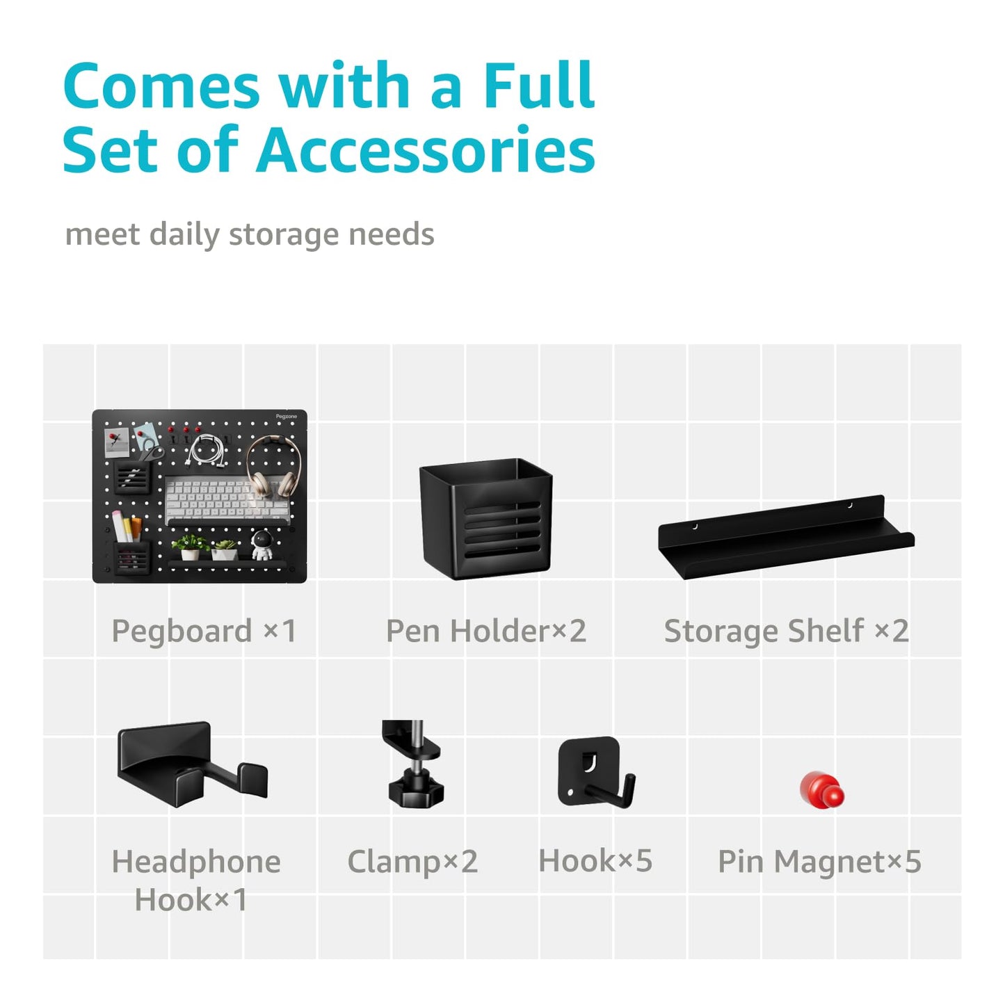 PEGZONE Clamp-on Desk Pegboard, Desk Organizer for Office Gaming Home, Magnetic Metal Peg Board with 15 Accessories, Privacy Panel for Office, 20.4" x 16.5", Large, Black