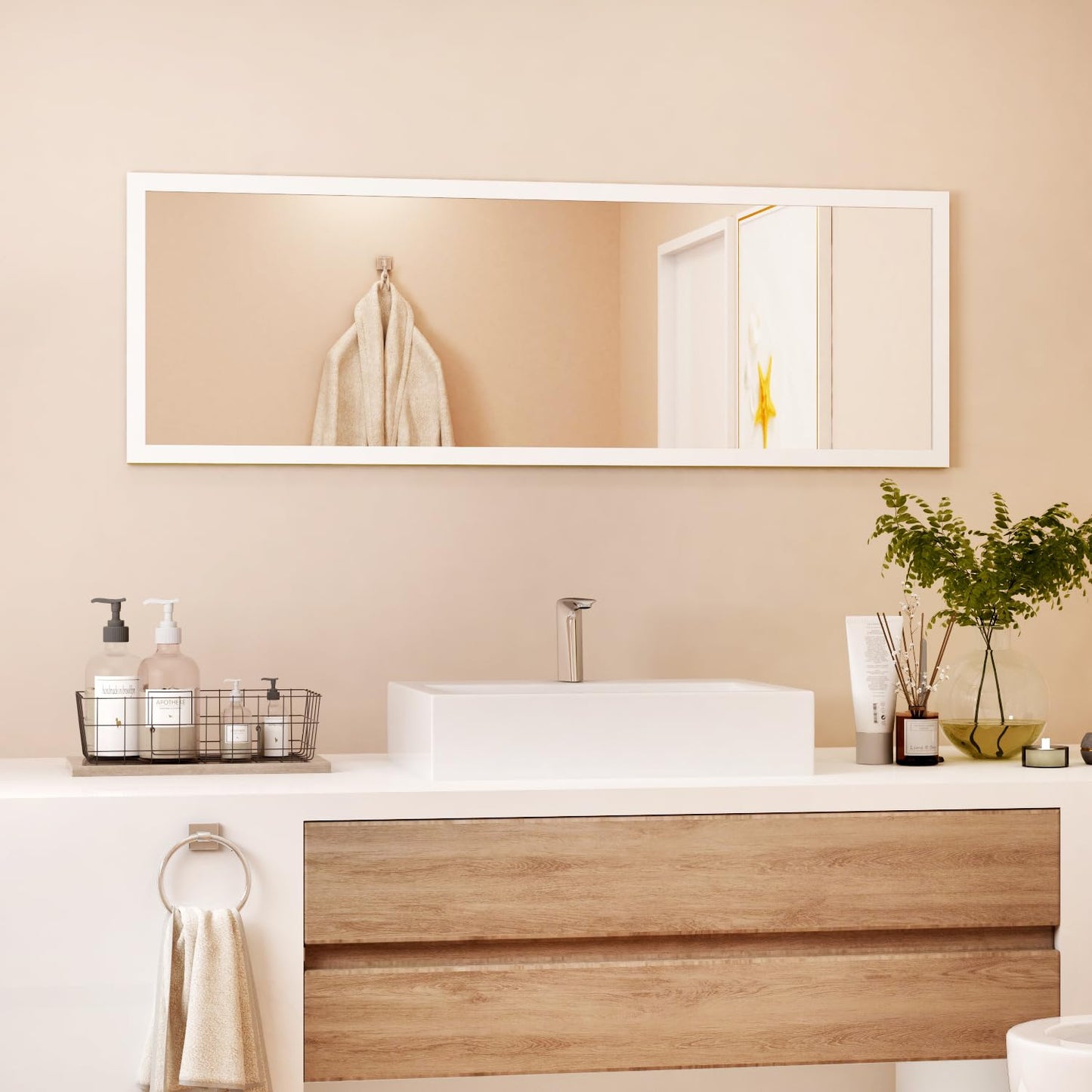 whitebeach 48" x 16" Over The Door Full Length Mirror Wall Mounted Hanging with 2 Metal Hangers for Bedroom Living Room Bathroom White