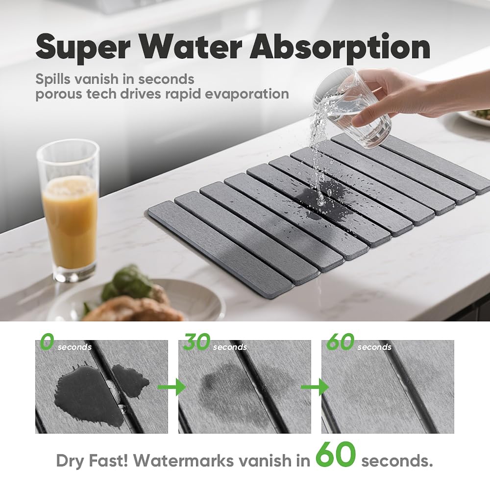 Stone Drying Mat for Kitchen Counter, Quick Diatomaceous Earth Mats for Dishes, 24"L x 16" W Super Absorbent Fast-Drying Collapsible Countertop Stone Mat (Light Grey, 24" x 16")
