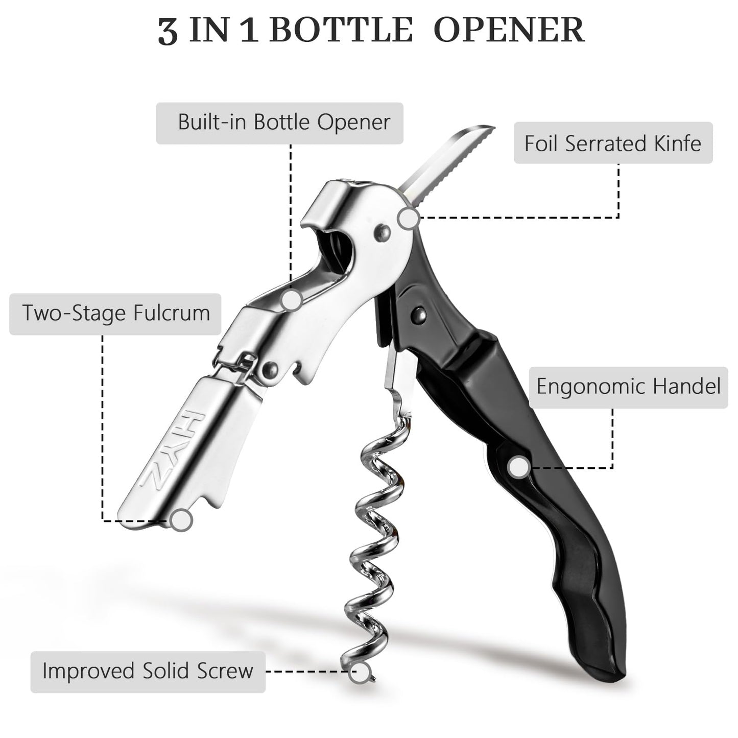 HYZ Wine Opener Bulk 20-Pack for Bartender, Professional Waiter Corkscrew Wine Key for Servers & Restaurant, Double Hinged Wine Bottle Opener with Foil Cutter, Commercial Bulk Set, (Black)