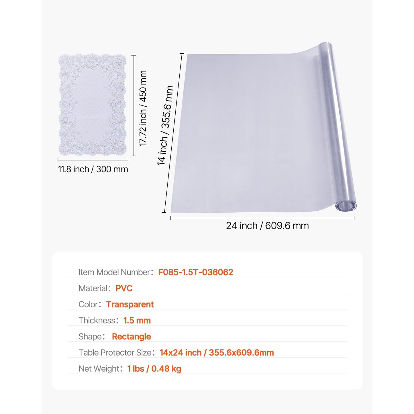 VEVOR Clear Table Cover Protector, 1.5mm Thick 36 x 72 in PVC Plastic Tablecloth, Waterproof & Oil Spill Proof, Customizable Rectangle Table Cover for Writing Desk, Coffee Table, Dining Room Table