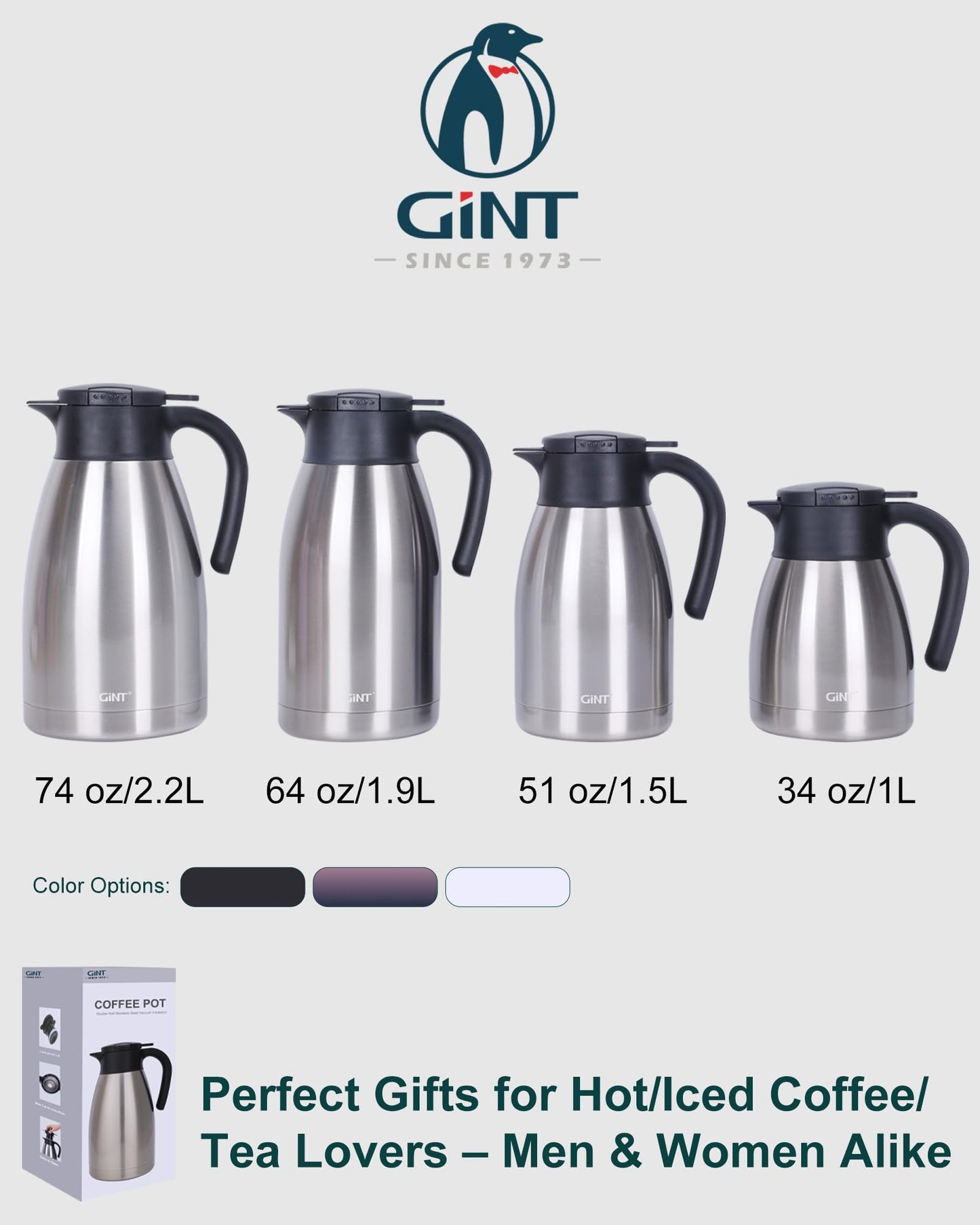 GiNT 74Oz Thermal Coffee Carafe, Insulated Stainless Steel Coffee Carafes for Keeping Hot/Double Walled Vacuum Thermal Carafe (Silver, 2.2L)